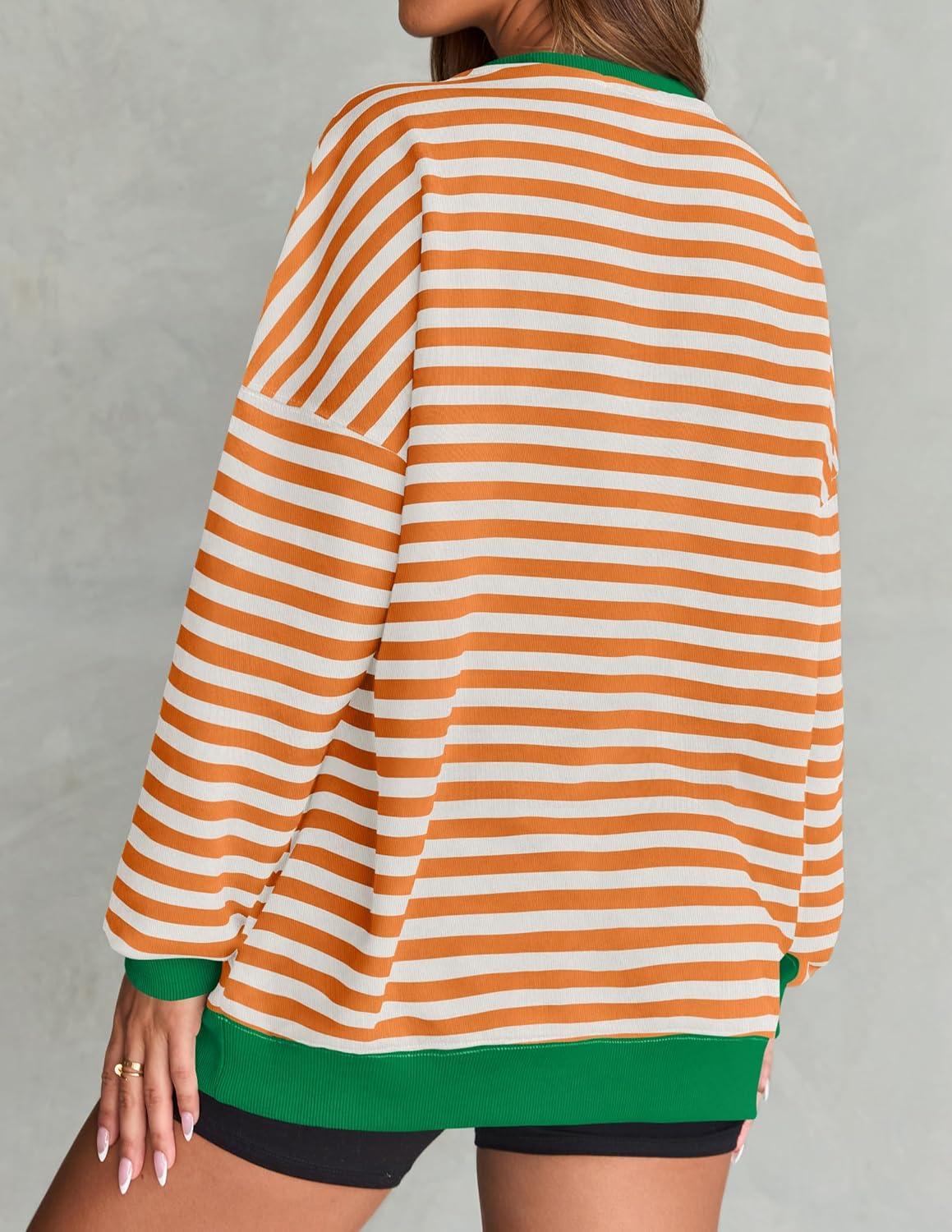 imageZESICA Womens Casual Striped Pullover Tops Long Sleeve Shirts Crewneck Oversized Sweatshirts Spring ClothesOrange