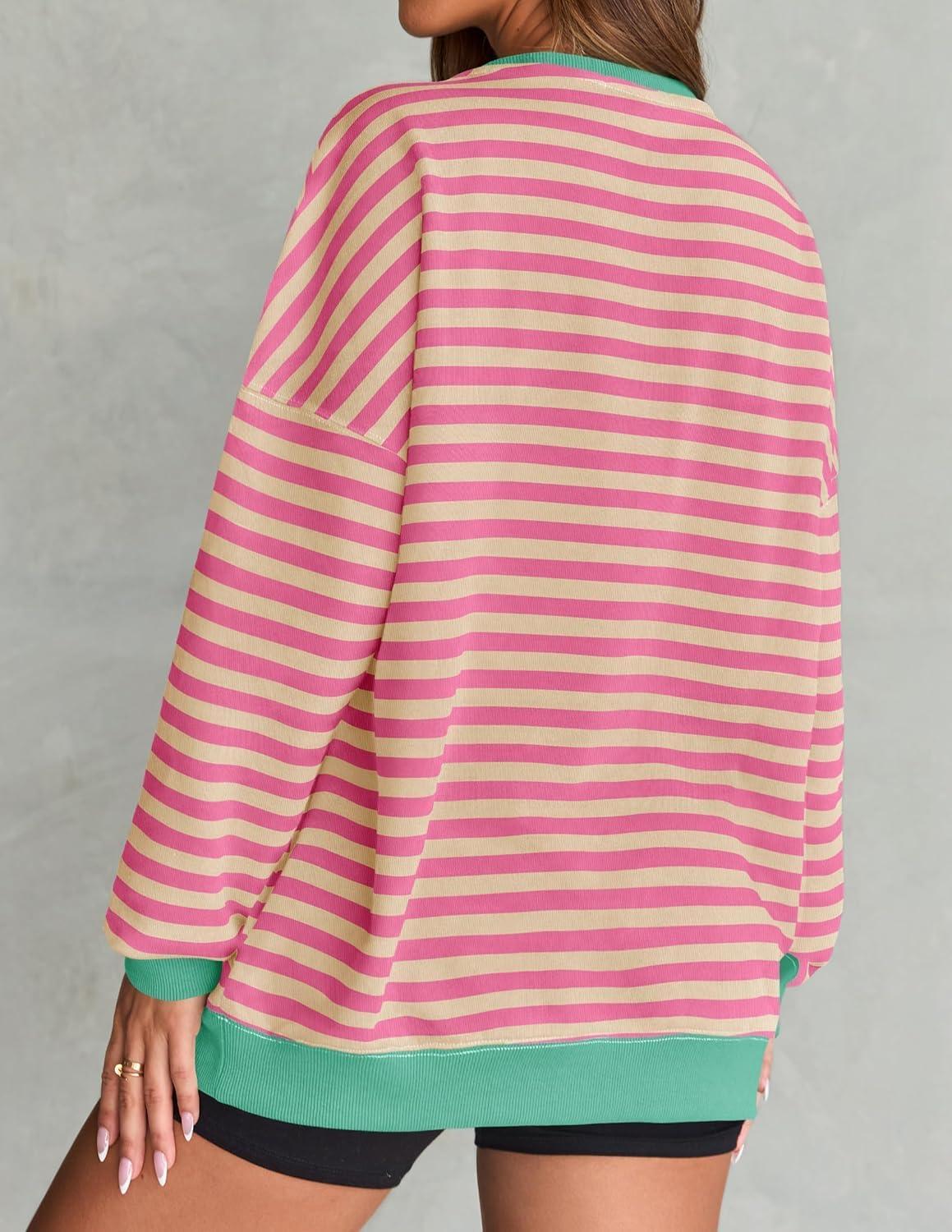 imageZESICA Womens Casual Striped Pullover Tops Long Sleeve Shirts Crewneck Oversized Sweatshirts Spring ClothesPink