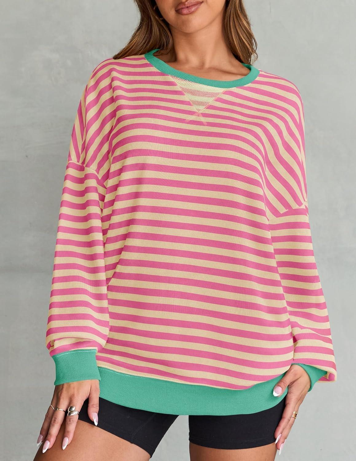 imageZESICA Womens Casual Striped Pullover Tops Long Sleeve Shirts Crewneck Oversized Sweatshirts Spring ClothesPink