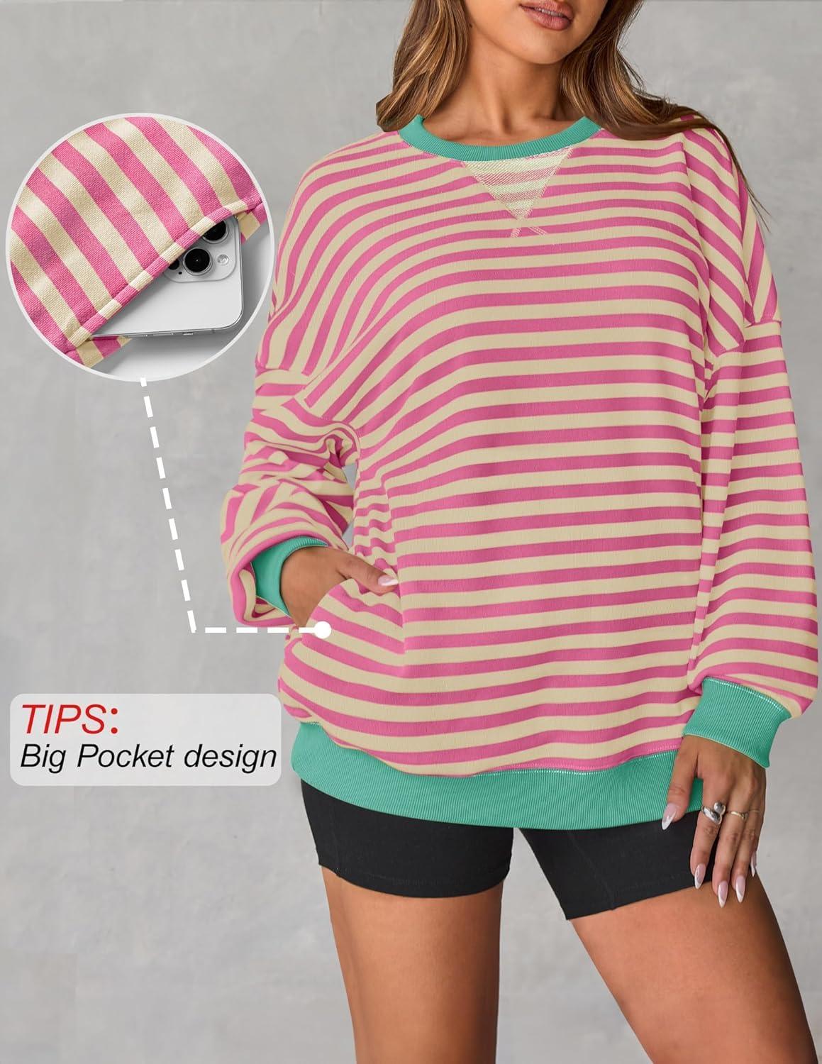 imageZESICA Womens Casual Striped Pullover Tops Long Sleeve Shirts Crewneck Oversized Sweatshirts Spring ClothesPink
