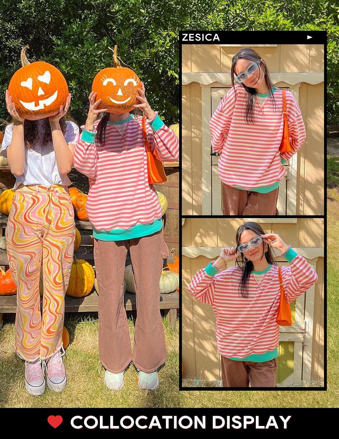 imageZESICA Womens Casual Striped Pullover Tops Long Sleeve Shirts Crewneck Oversized Sweatshirts Spring ClothesPink