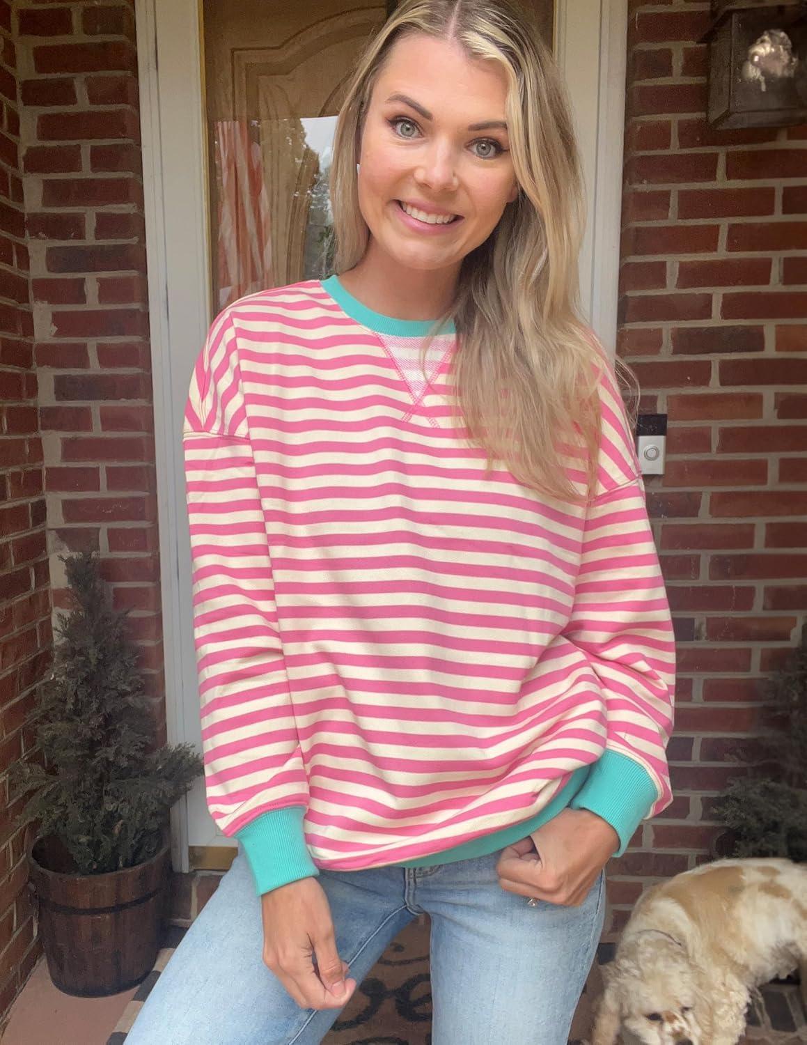 imageZESICA Womens Casual Striped Pullover Tops Long Sleeve Shirts Crewneck Oversized Sweatshirts Spring ClothesPink