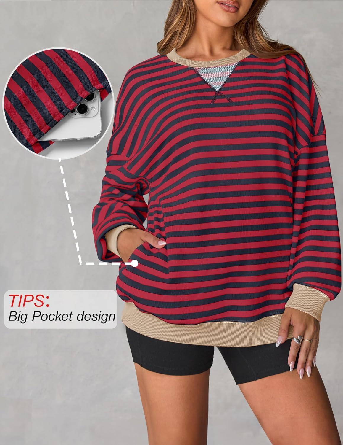 imageZESICA Womens Casual Striped Pullover Tops Long Sleeve Shirts Crewneck Oversized Sweatshirts Spring ClothesRed