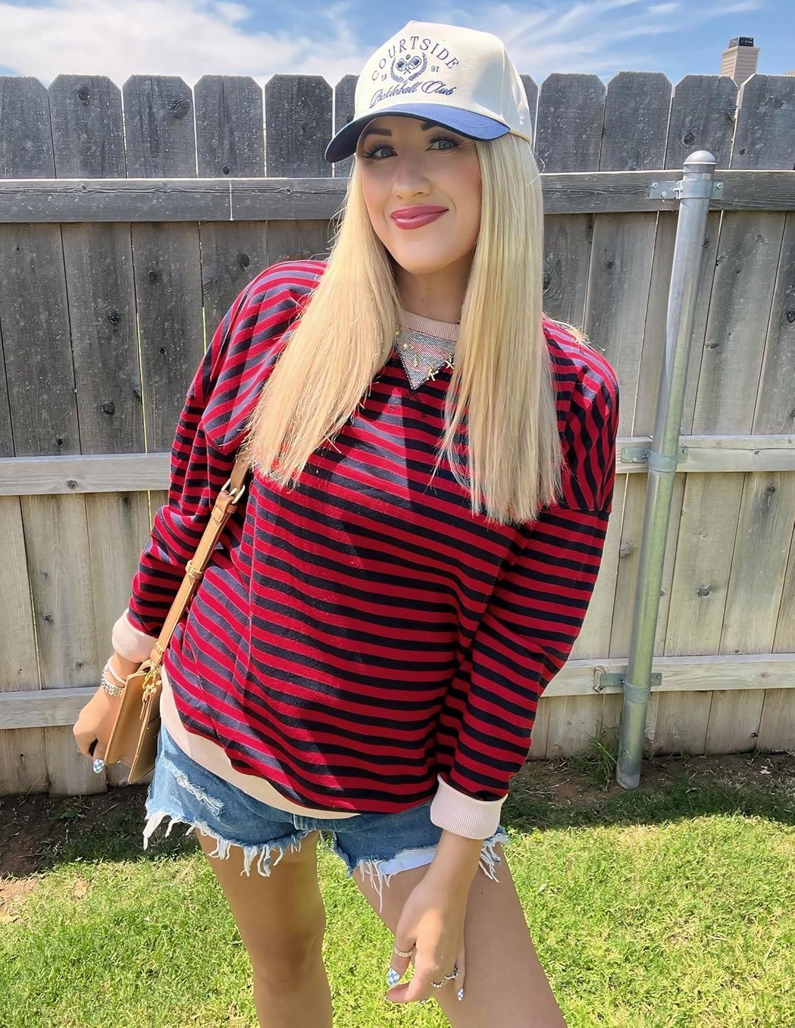 imageZESICA Womens Casual Striped Pullover Tops Long Sleeve Shirts Crewneck Oversized Sweatshirts Spring ClothesRed