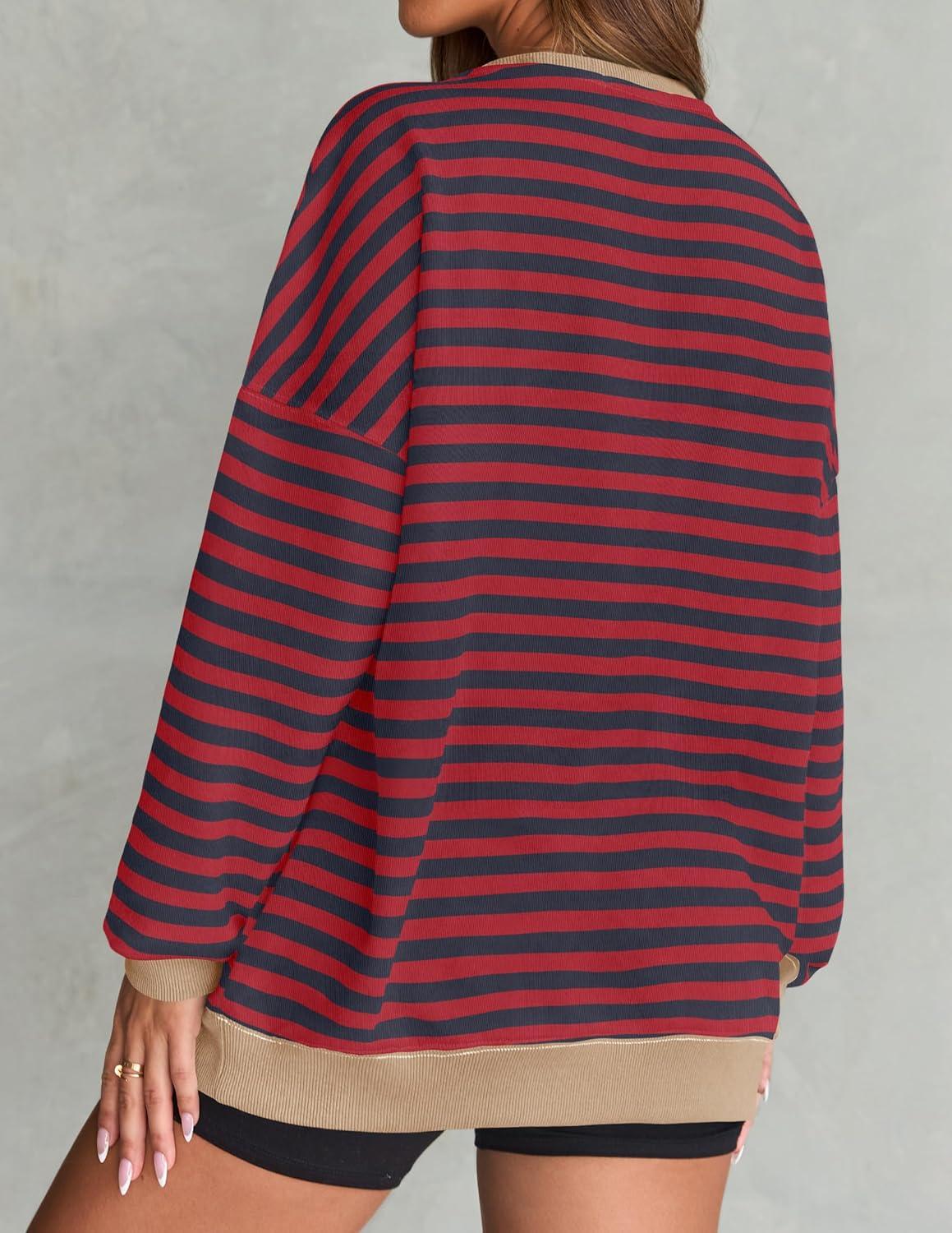 imageZESICA Womens Casual Striped Pullover Tops Long Sleeve Shirts Crewneck Oversized Sweatshirts Spring ClothesRed