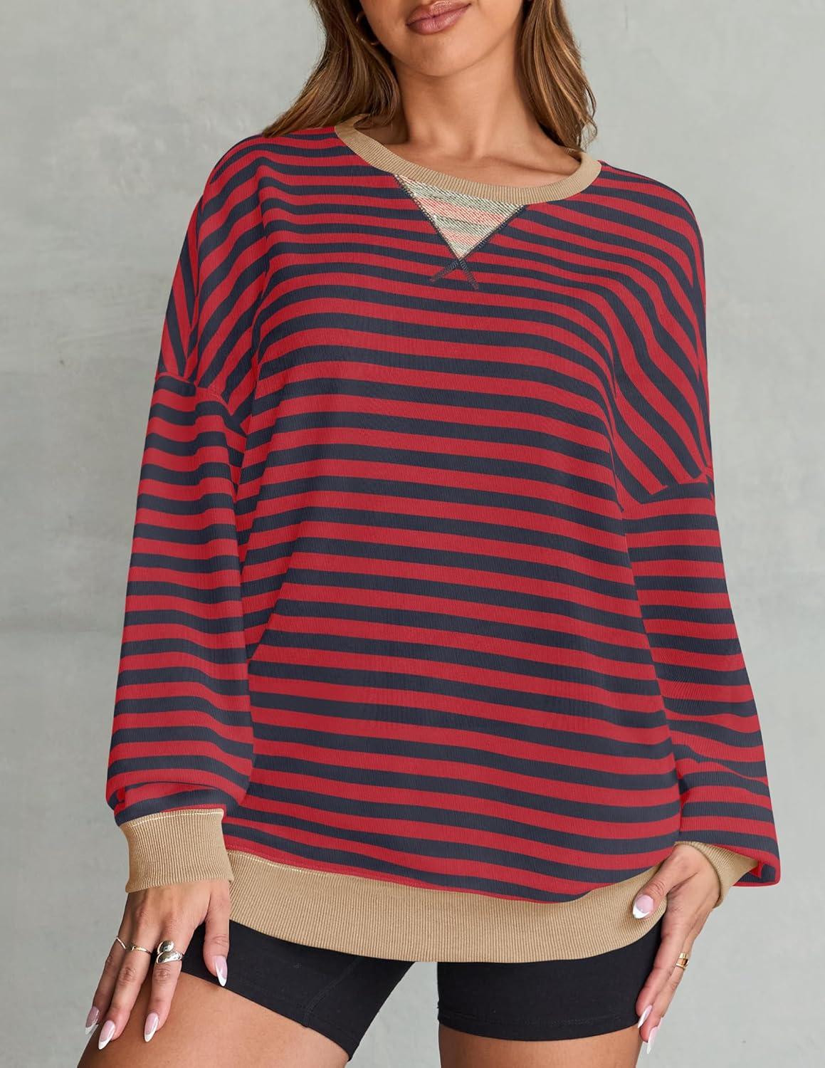 imageZESICA Womens Casual Striped Pullover Tops Long Sleeve Shirts Crewneck Oversized Sweatshirts Spring ClothesRed