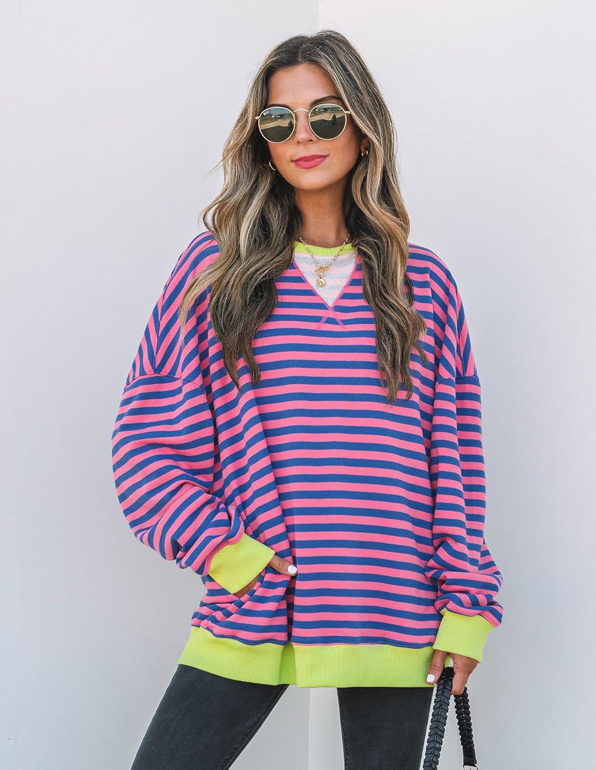 imageZESICA Womens Casual Striped Pullover Tops Long Sleeve Shirts Crewneck Oversized Sweatshirts Spring ClothesRose