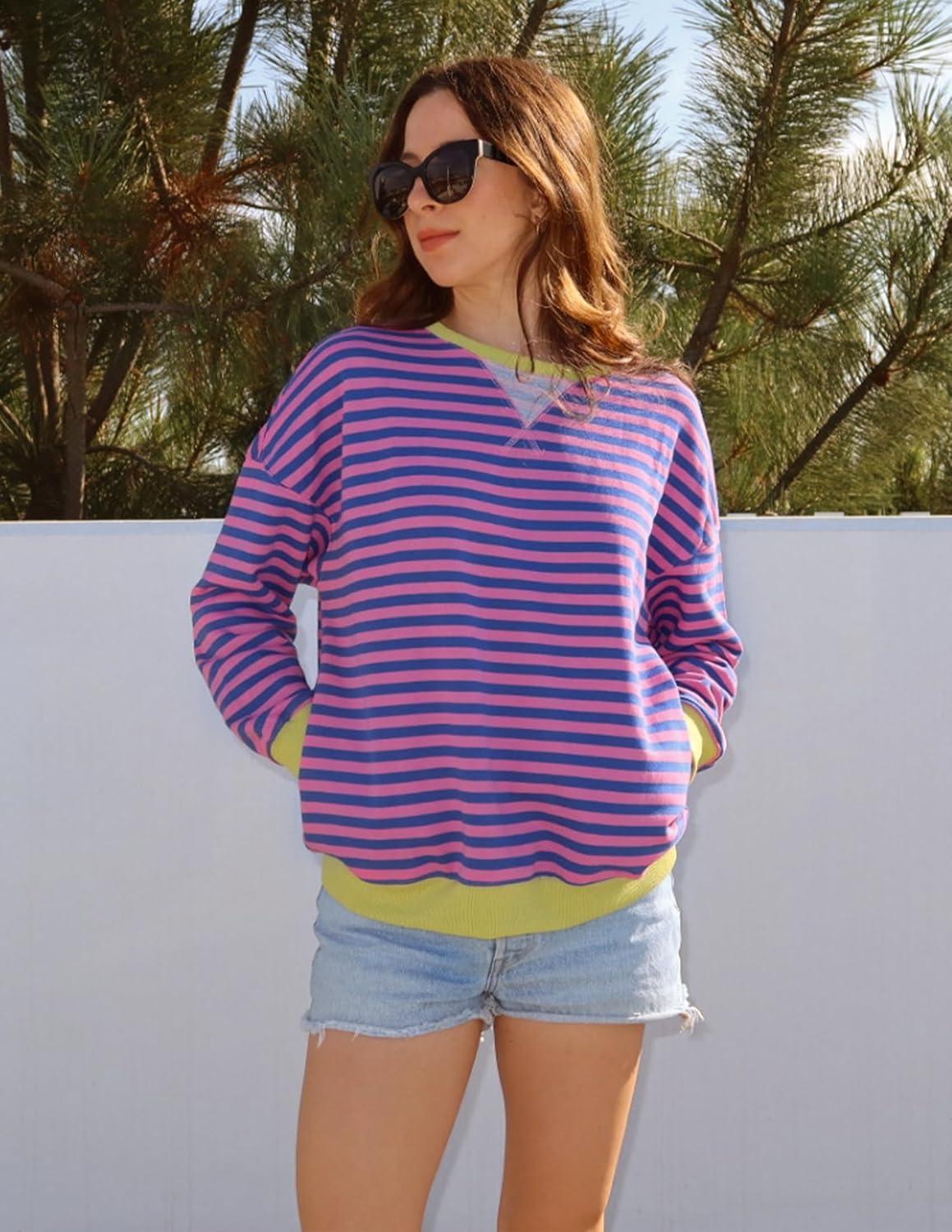 imageZESICA Womens Casual Striped Pullover Tops Long Sleeve Shirts Crewneck Oversized Sweatshirts Spring ClothesRose