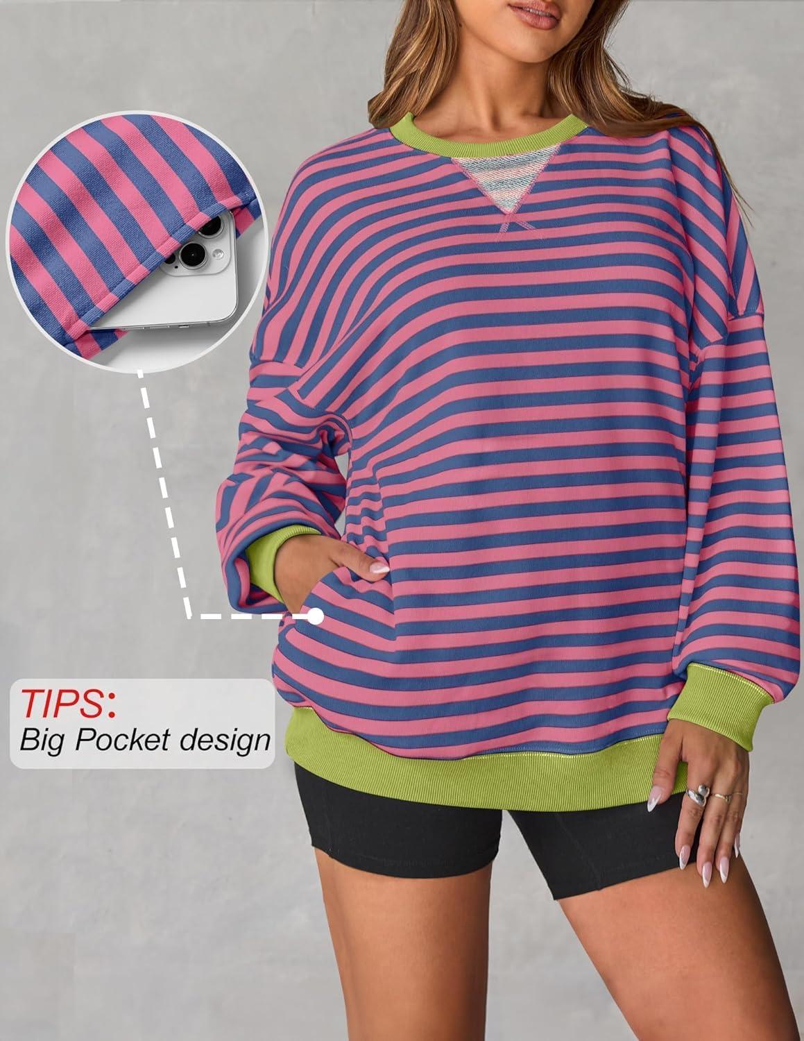 imageZESICA Womens Casual Striped Pullover Tops Long Sleeve Shirts Crewneck Oversized Sweatshirts Spring ClothesRose