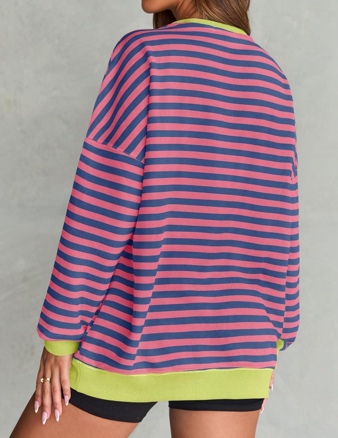 imageZESICA Womens Casual Striped Pullover Tops Long Sleeve Shirts Crewneck Oversized Sweatshirts Spring ClothesRose