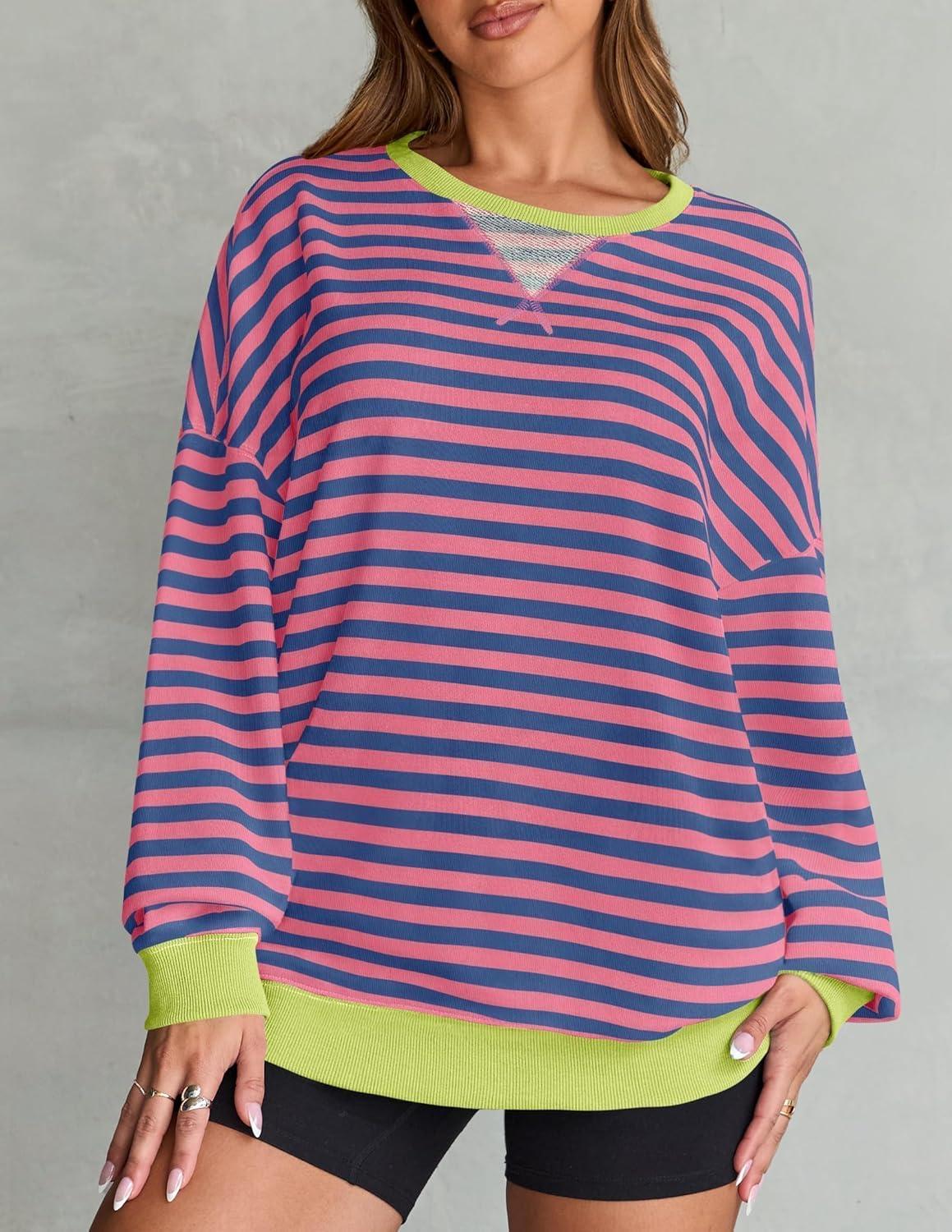 imageZESICA Womens Casual Striped Pullover Tops Long Sleeve Shirts Crewneck Oversized Sweatshirts Spring ClothesRose