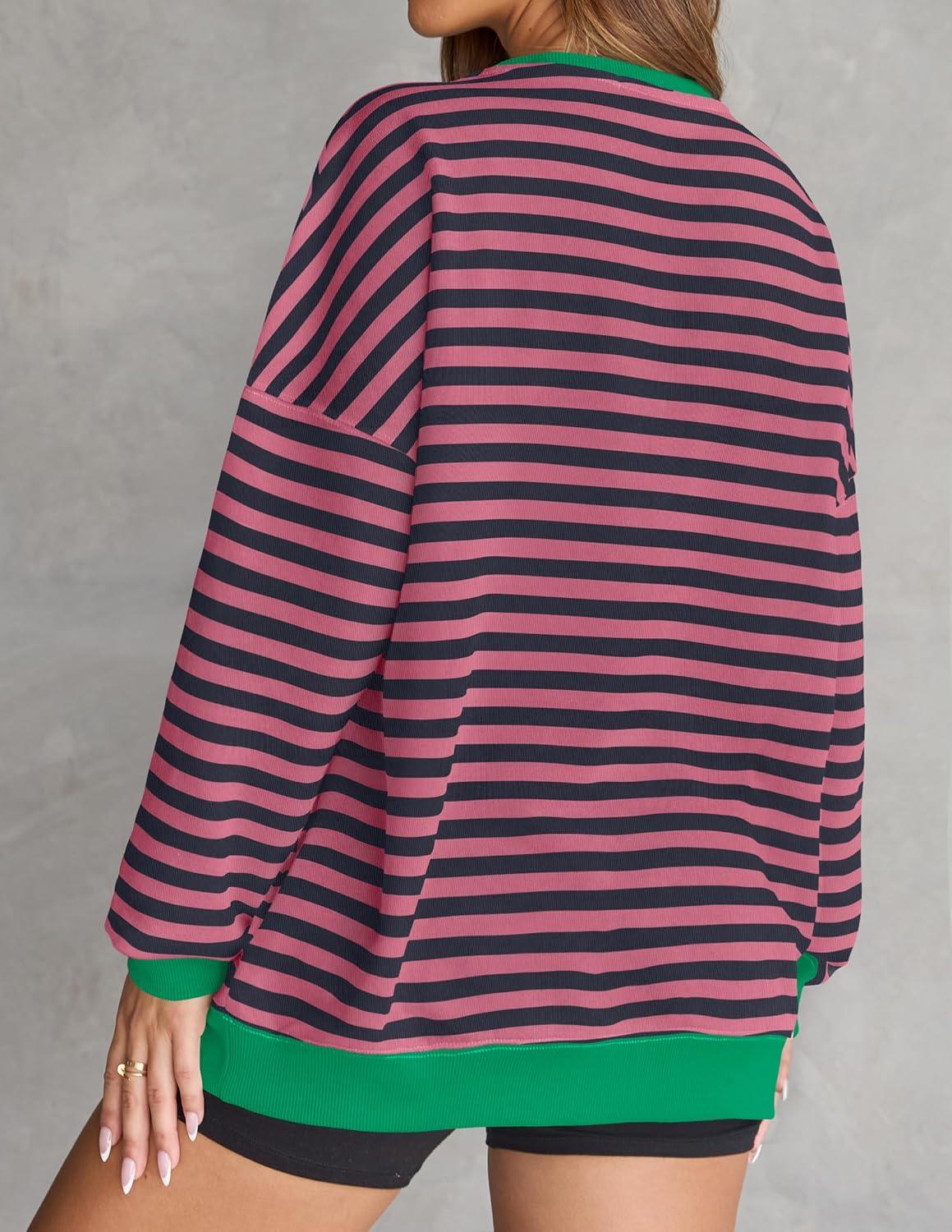 imageZESICA Womens Casual Striped Pullover Tops Long Sleeve Shirts Crewneck Oversized Sweatshirts Spring ClothesRosepink