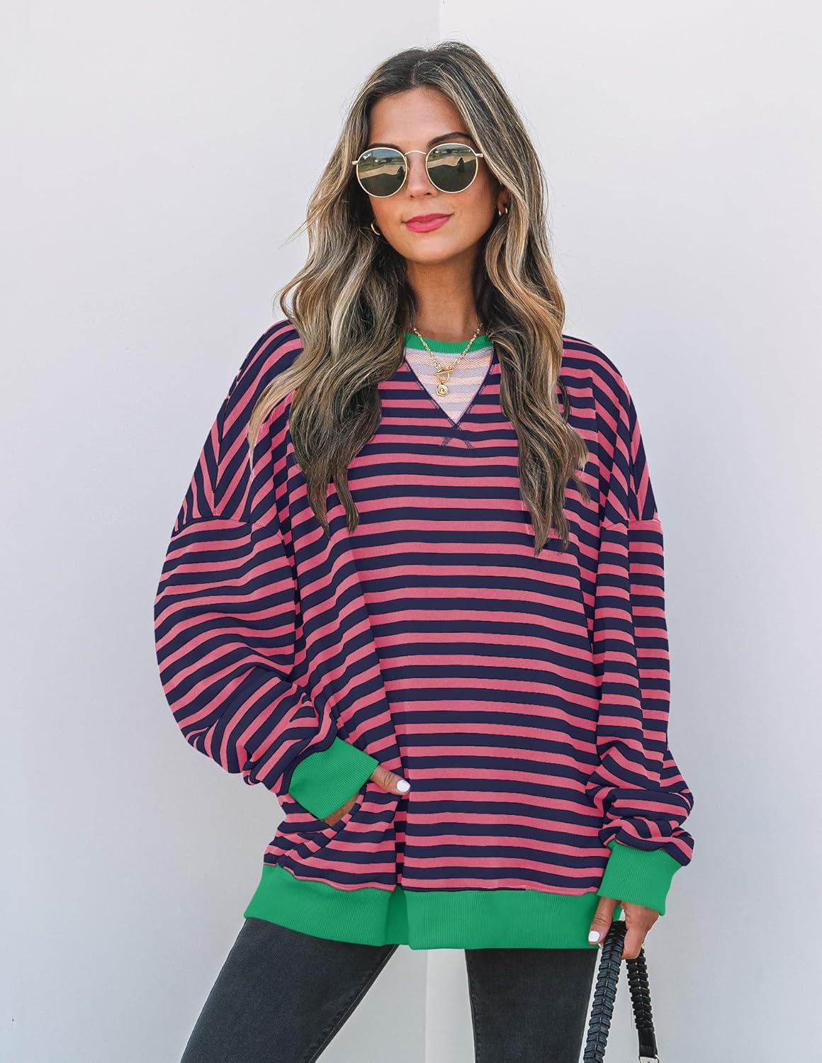 imageZESICA Womens Casual Striped Pullover Tops Long Sleeve Shirts Crewneck Oversized Sweatshirts Spring ClothesRosepink