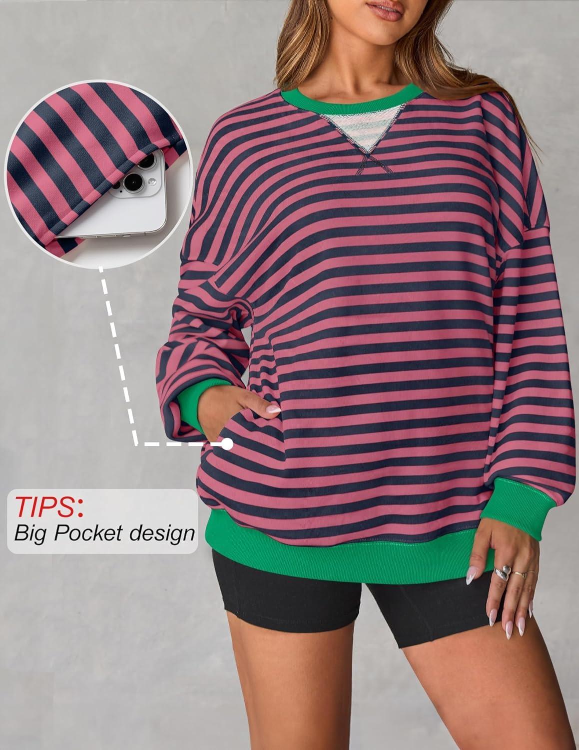 imageZESICA Womens Casual Striped Pullover Tops Long Sleeve Shirts Crewneck Oversized Sweatshirts Spring ClothesRosepink