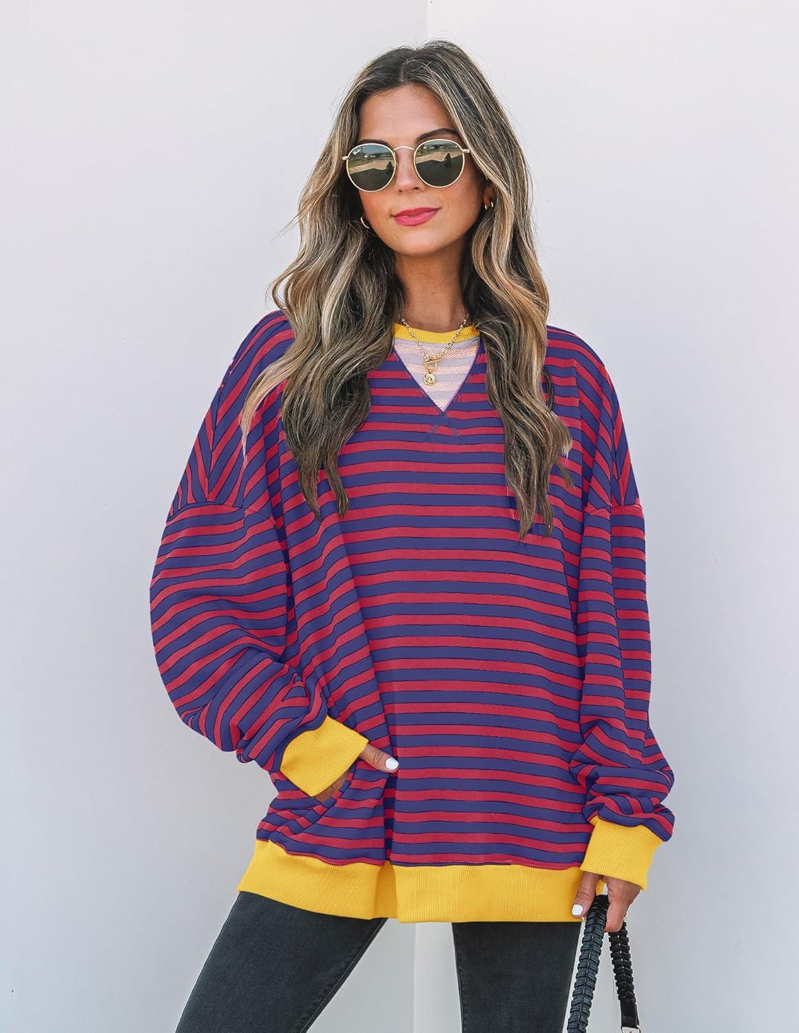 imageZESICA Womens Casual Striped Pullover Tops Long Sleeve Shirts Crewneck Oversized Sweatshirts Spring ClothesRoyalblue