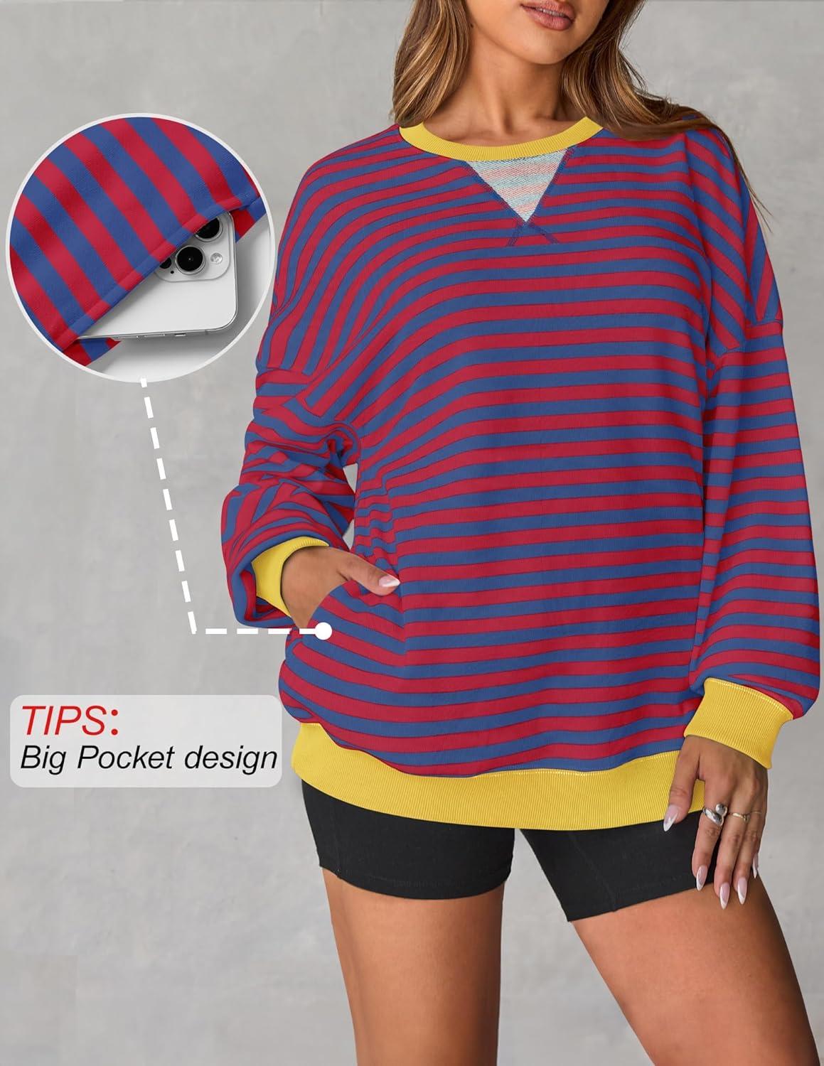 imageZESICA Womens Casual Striped Pullover Tops Long Sleeve Shirts Crewneck Oversized Sweatshirts Spring ClothesRoyalblue