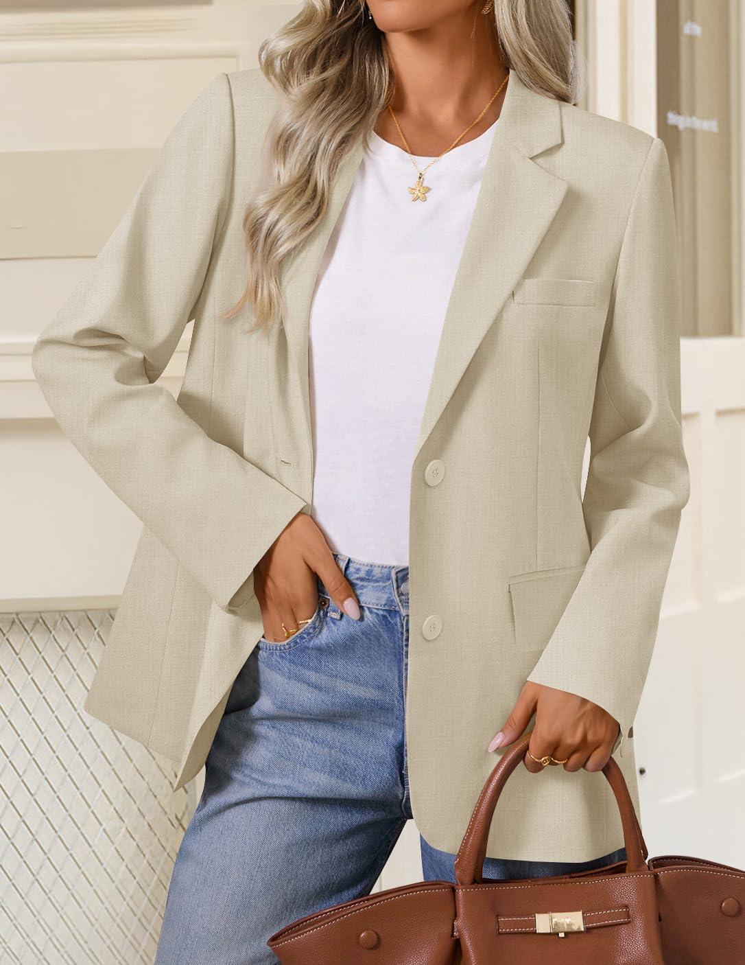 imageZESICA Womens Fall Business Casual Blazers 2025 Long Sleeve Lapel Open Front Button Work Blazer Jackets with PocketsApricot