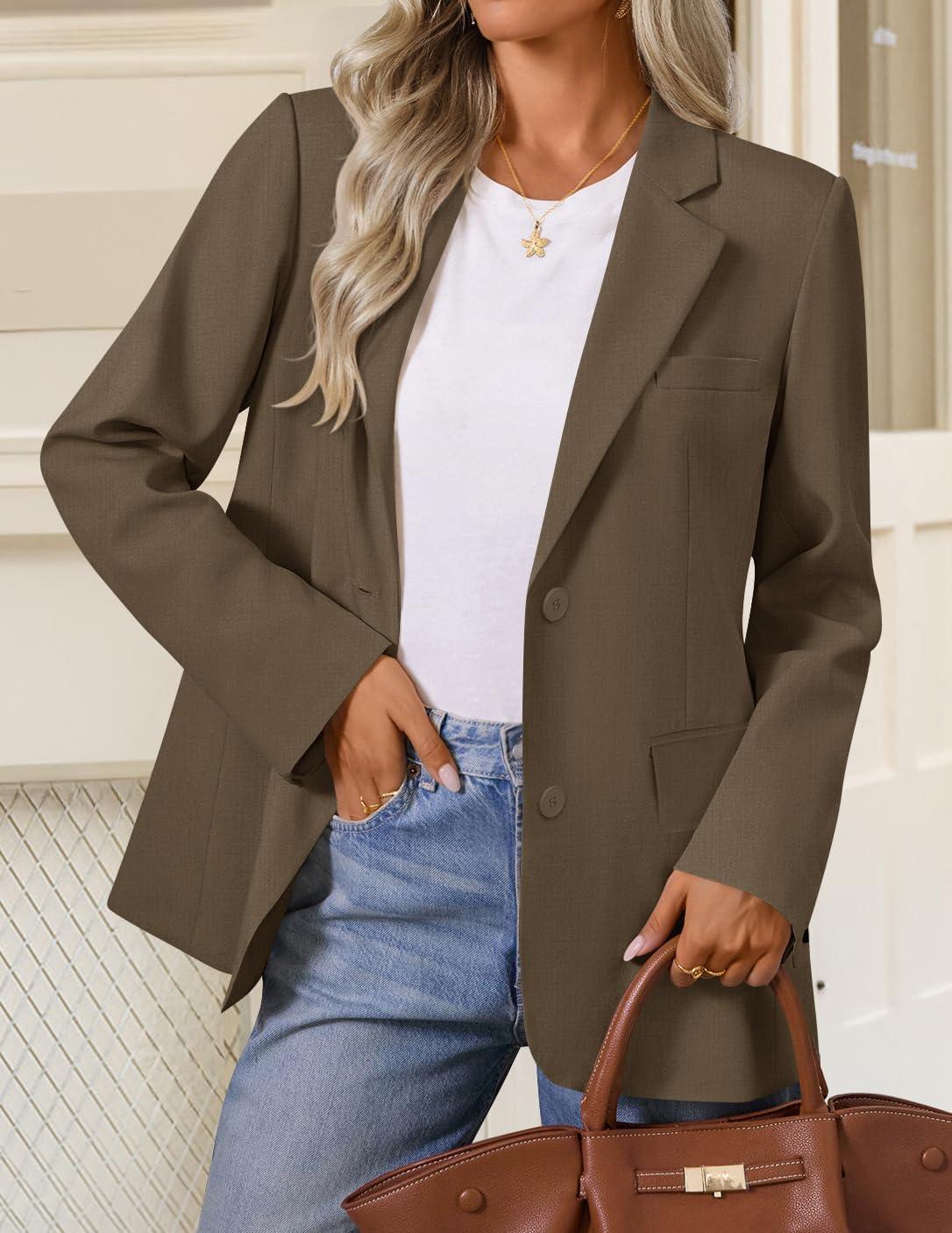 imageZESICA Womens Fall Business Casual Blazers 2025 Long Sleeve Lapel Open Front Button Work Blazer Jackets with PocketsBrown