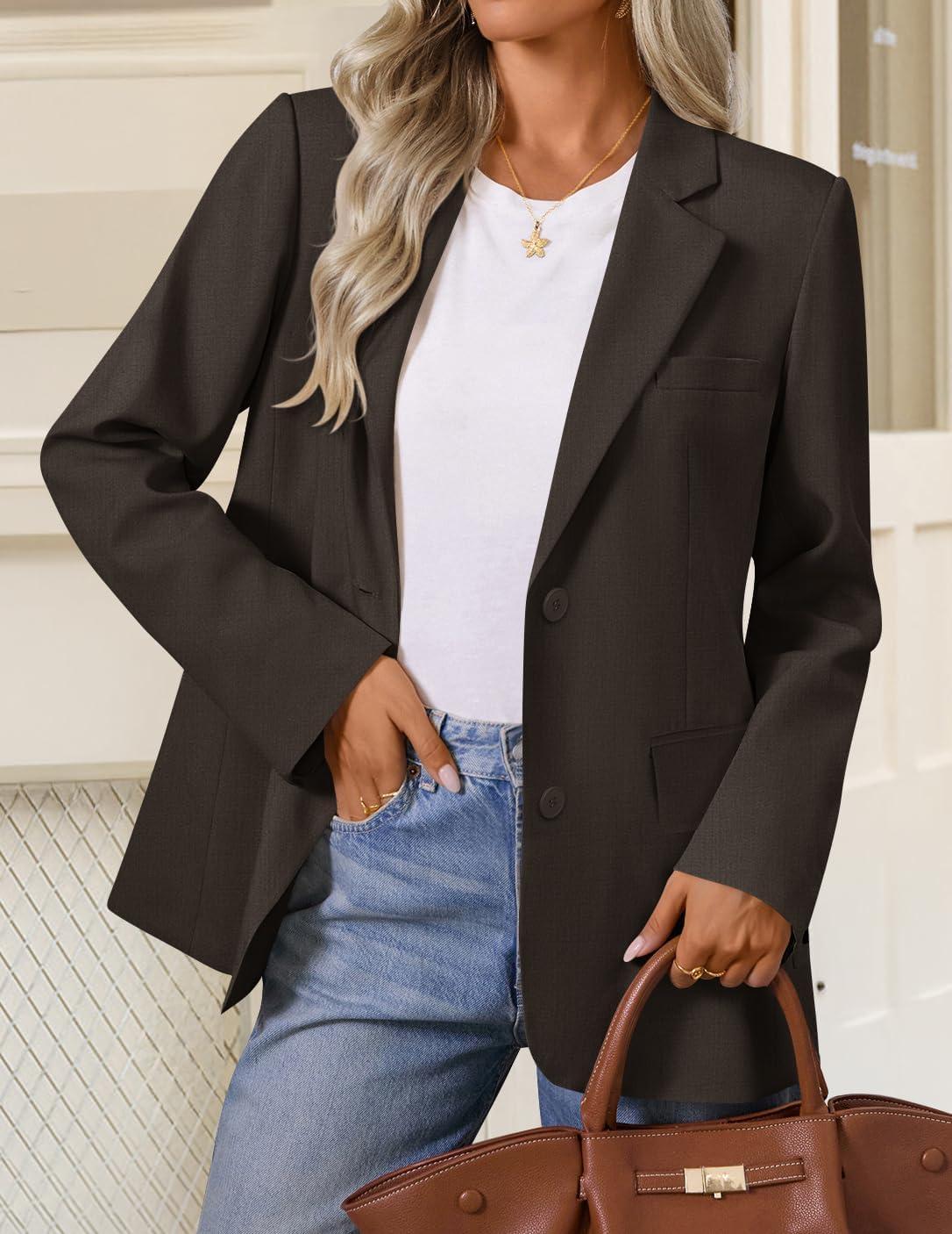 imageZESICA Womens Fall Business Casual Blazers 2025 Long Sleeve Lapel Open Front Button Work Blazer Jackets with PocketsCoffee