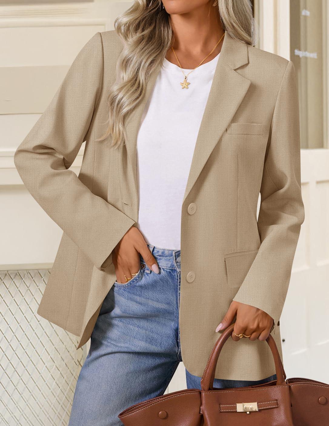 imageZESICA Womens Fall Business Casual Blazers 2025 Long Sleeve Lapel Open Front Button Work Blazer Jackets with PocketsKhaki