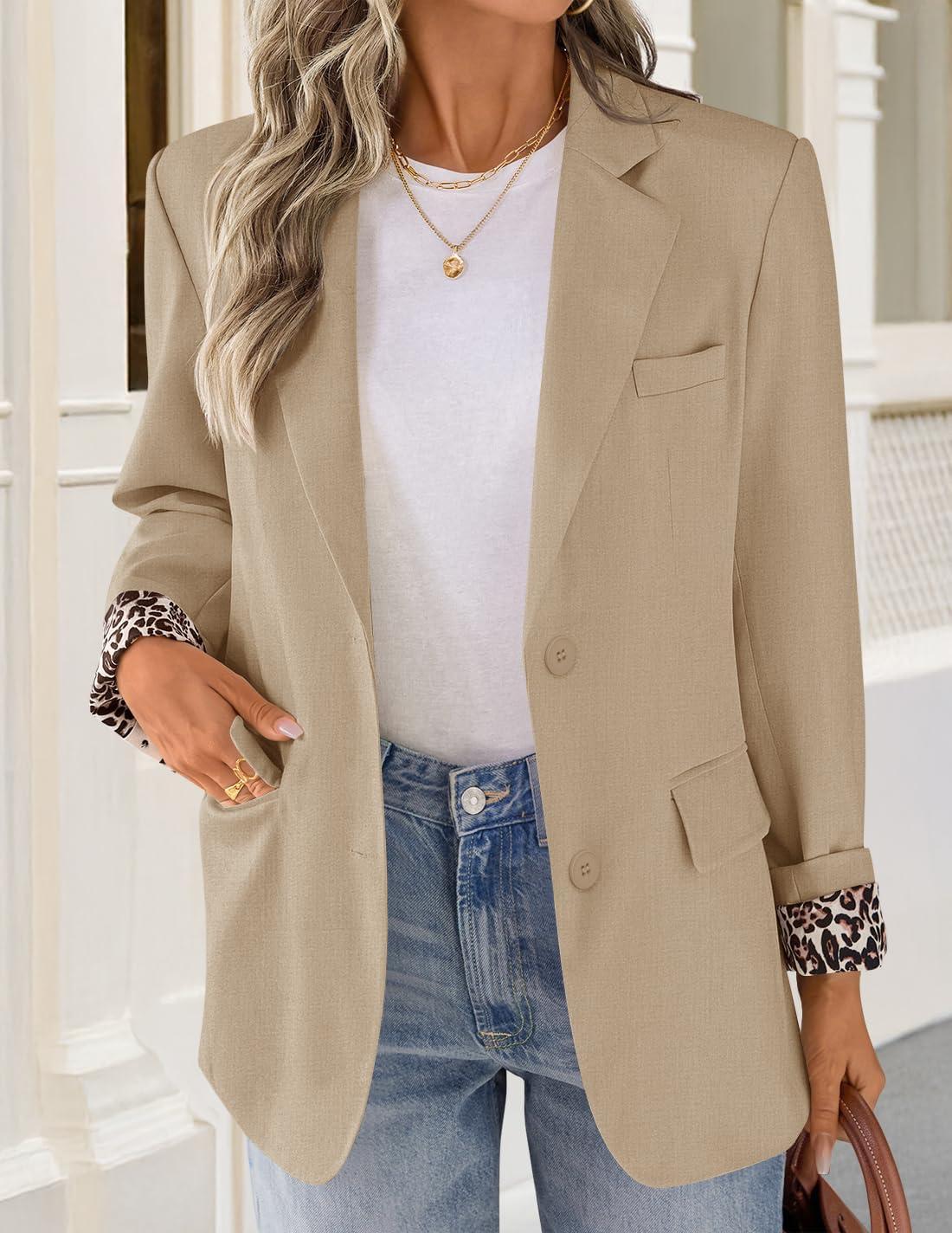 imageZESICA Womens Fall Business Casual Blazers 2025 Long Sleeve Lapel Open Front Button Work Blazer Jackets with PocketsKhaki