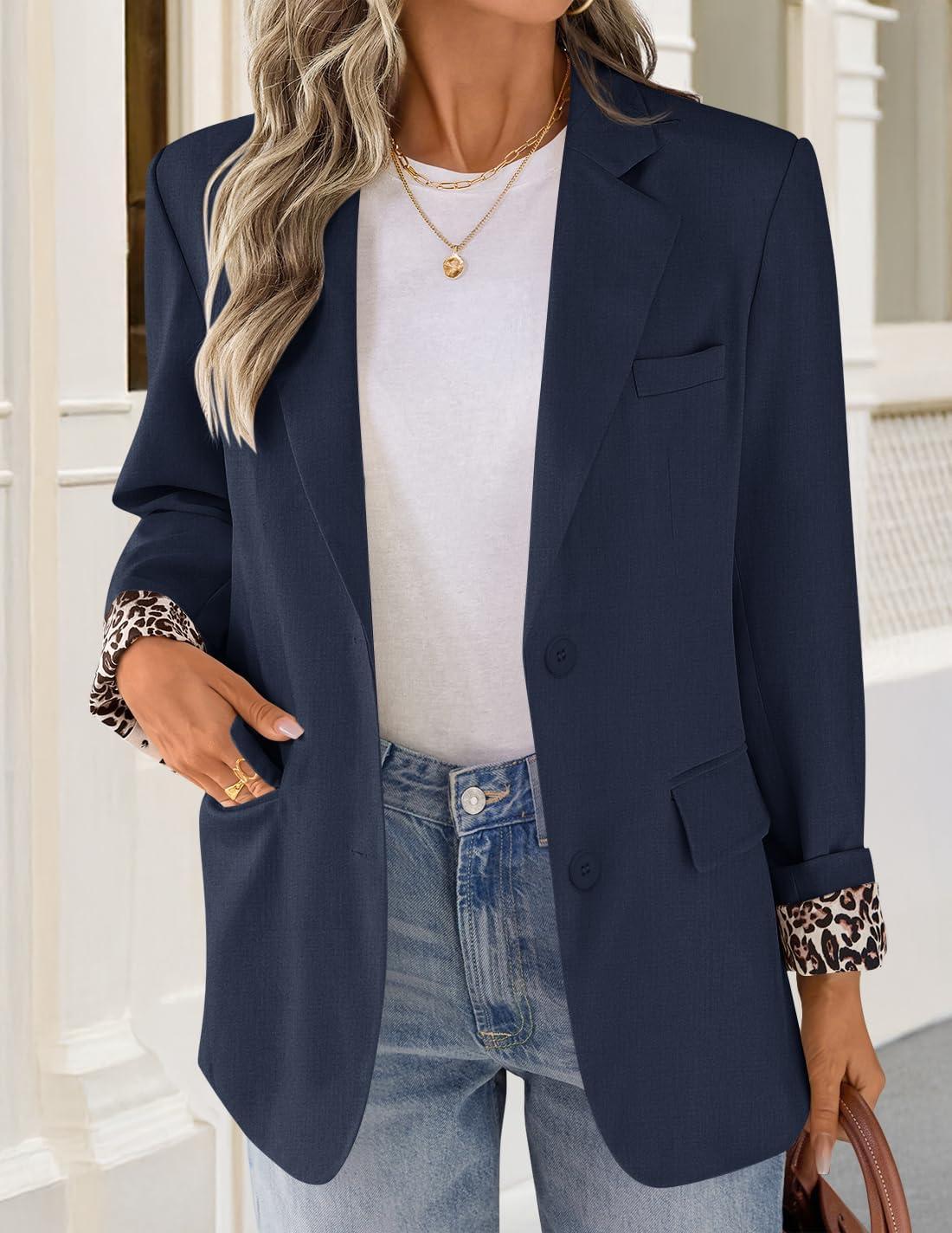 imageZESICA Womens Fall Business Casual Blazers 2025 Long Sleeve Lapel Open Front Button Work Blazer Jackets with PocketsNavy