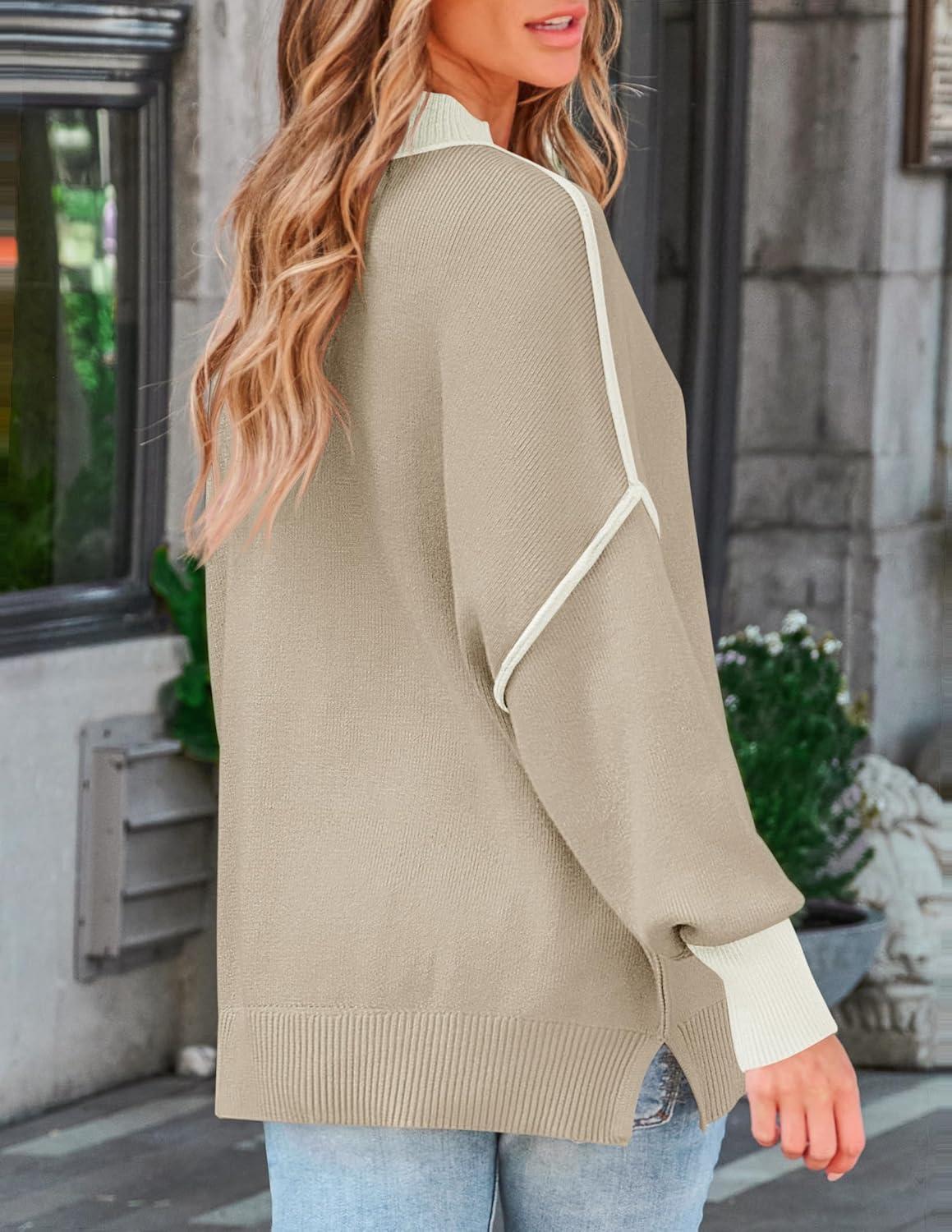 imageZESICA Womens Fall Casual Long Sleeve Crew Neck Side Slit Oversized Ribbed Knit Pullover Sweater TopsGreyapricot