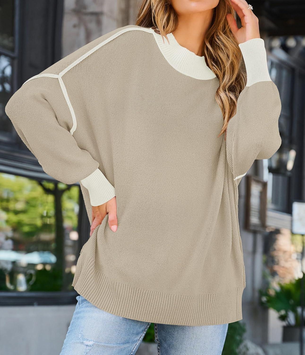 imageZESICA Womens Fall Casual Long Sleeve Crew Neck Side Slit Oversized Ribbed Knit Pullover Sweater TopsGreyapricot