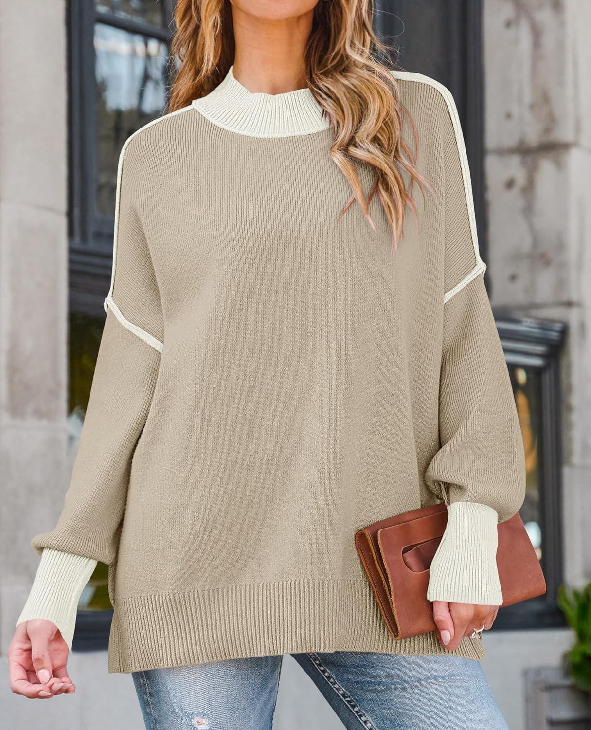imageZESICA Womens Fall Casual Long Sleeve Crew Neck Side Slit Oversized Ribbed Knit Pullover Sweater TopsGreyapricot