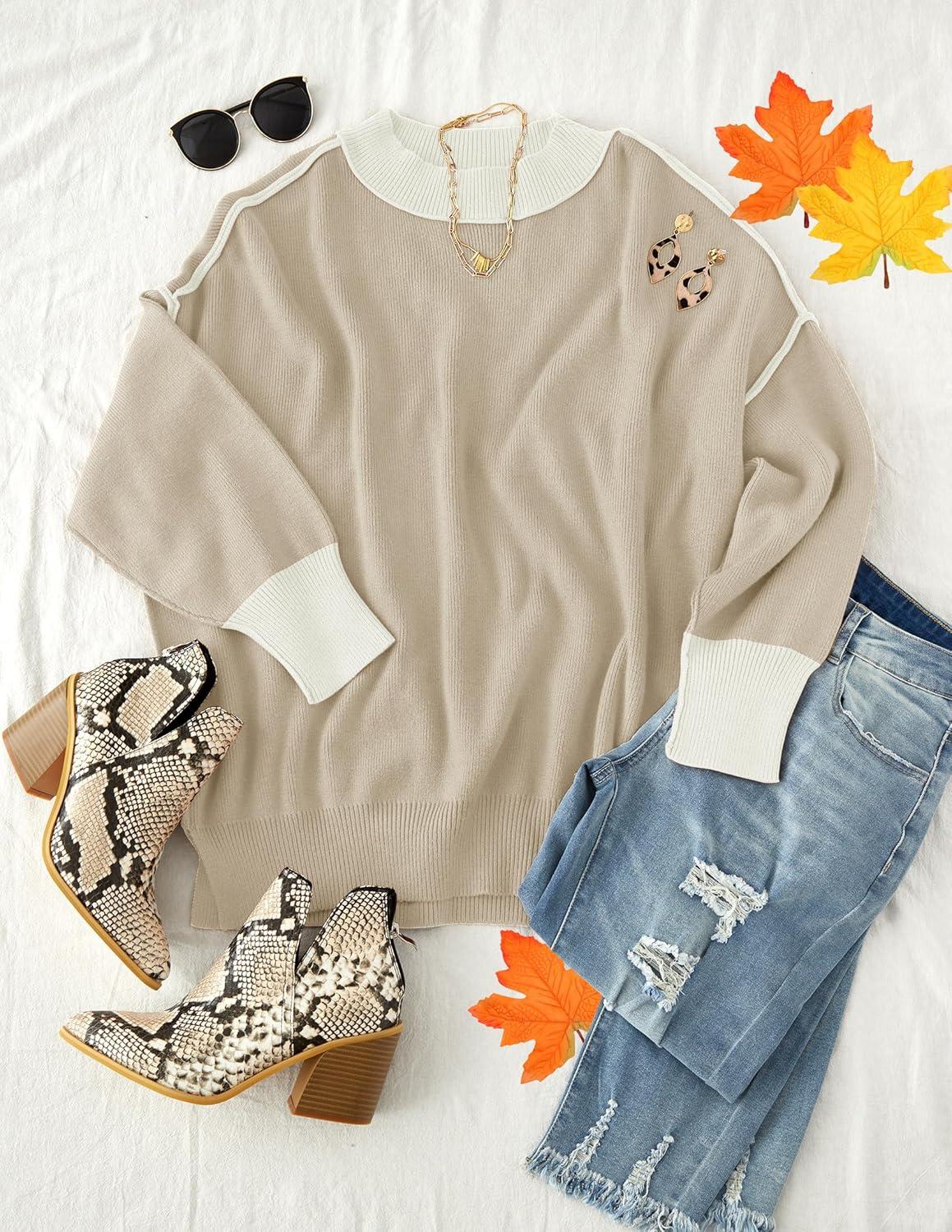 imageZESICA Womens Fall Casual Long Sleeve Crew Neck Side Slit Oversized Ribbed Knit Pullover Sweater TopsGreyapricot