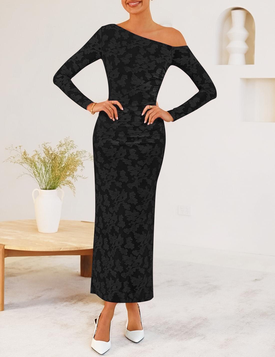 imageZESICA Womens Fall Floral Off Shoulder Bodycon Maxi Dresses 2025 Long Sleeve Ruched Elegant Cocktail Party DressBlack