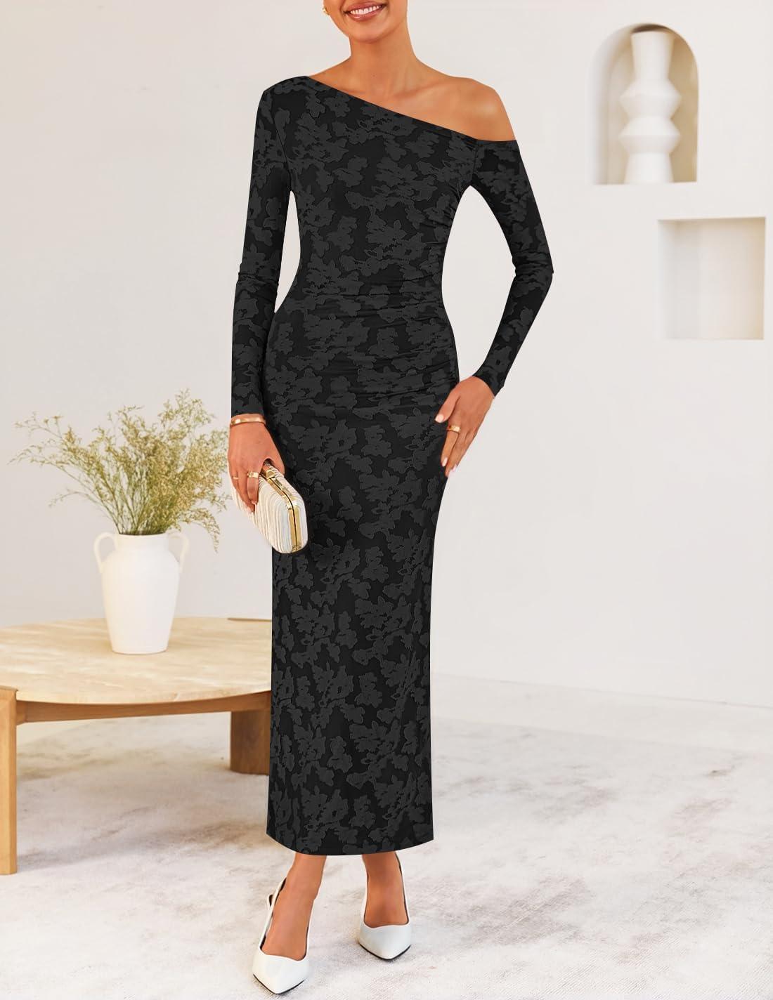 imageZESICA Womens Fall Floral Off Shoulder Bodycon Maxi Dresses 2025 Long Sleeve Ruched Elegant Cocktail Party DressBlack