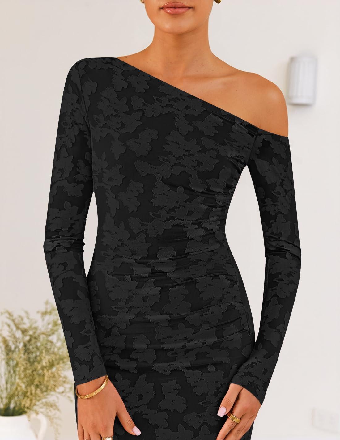 imageZESICA Womens Fall Floral Off Shoulder Bodycon Maxi Dresses 2025 Long Sleeve Ruched Elegant Cocktail Party DressBlack