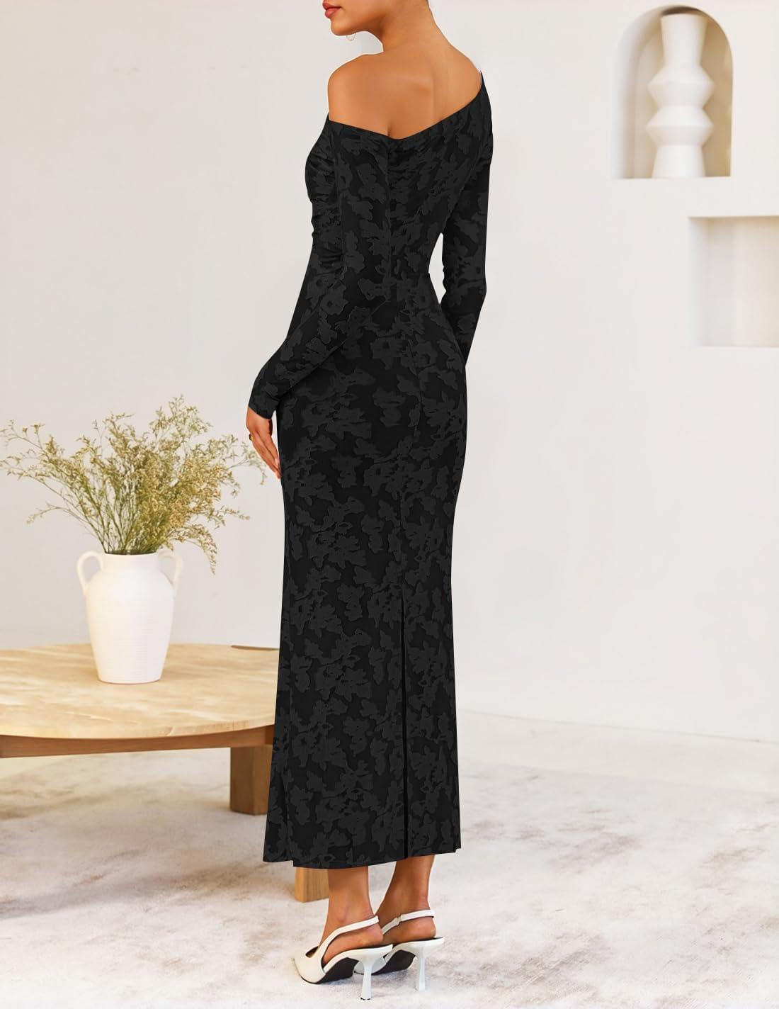 imageZESICA Womens Fall Floral Off Shoulder Bodycon Maxi Dresses 2025 Long Sleeve Ruched Elegant Cocktail Party DressBlack