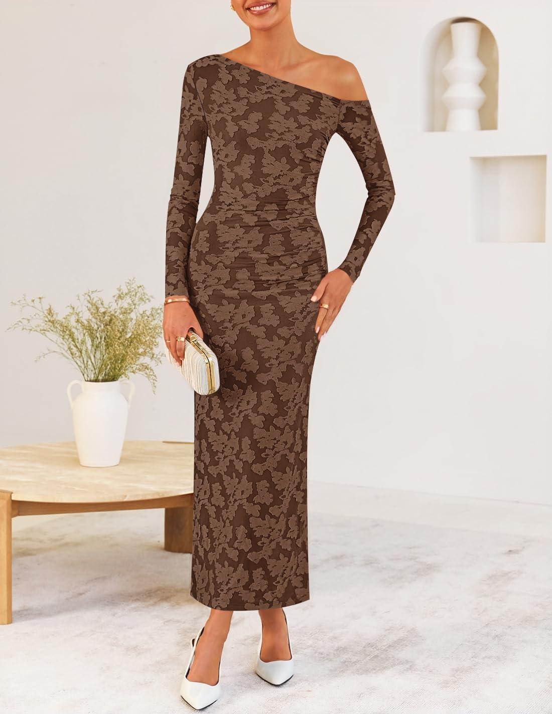 imageZESICA Womens Fall Floral Off Shoulder Bodycon Maxi Dresses 2025 Long Sleeve Ruched Elegant Cocktail Party DressBrown