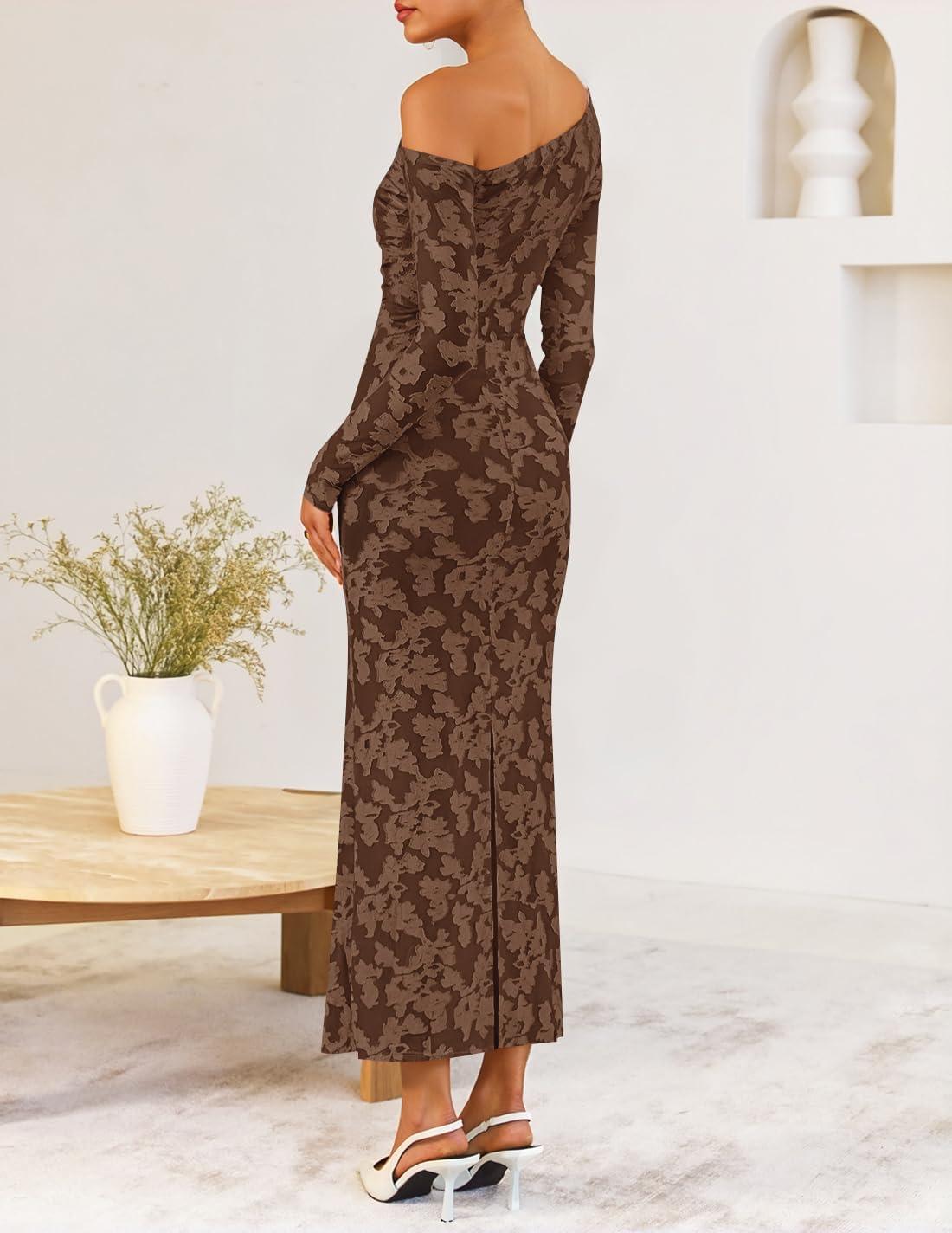 imageZESICA Womens Fall Floral Off Shoulder Bodycon Maxi Dresses 2025 Long Sleeve Ruched Elegant Cocktail Party DressBrown