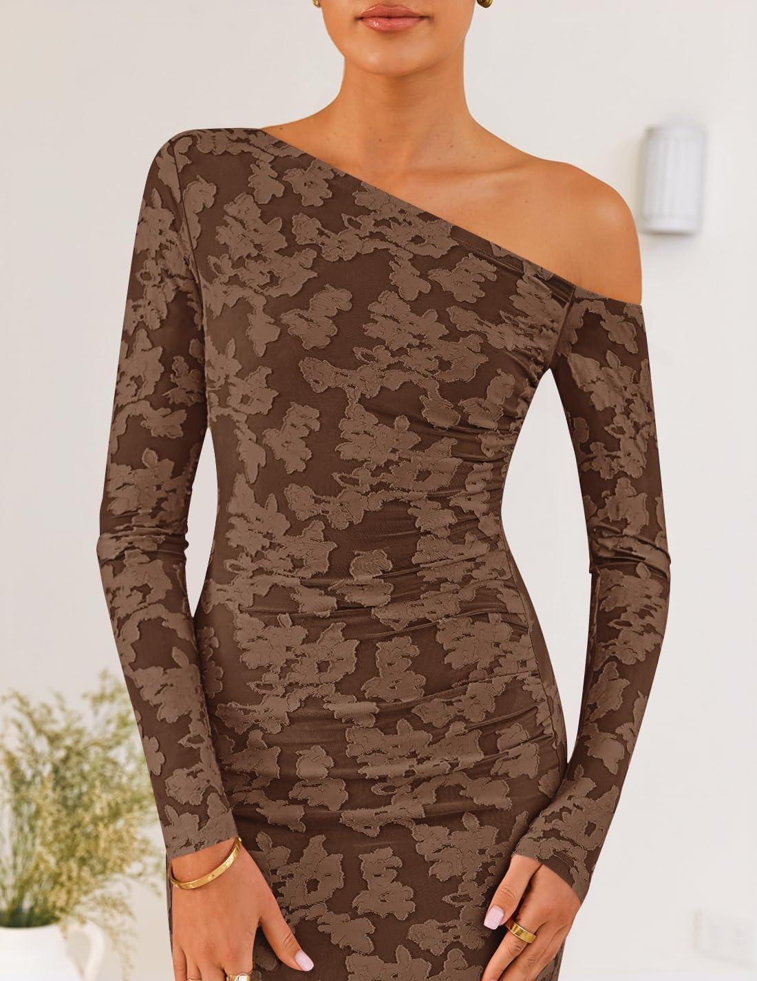 imageZESICA Womens Fall Floral Off Shoulder Bodycon Maxi Dresses 2025 Long Sleeve Ruched Elegant Cocktail Party DressBrown