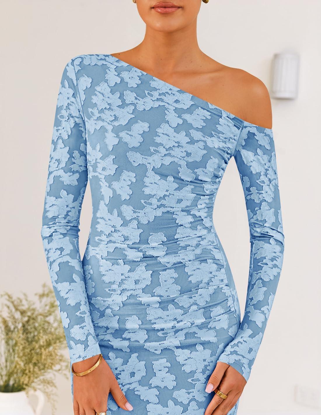 imageZESICA Womens Fall Floral Off Shoulder Bodycon Maxi Dresses 2025 Long Sleeve Ruched Elegant Cocktail Party DressDustyblue