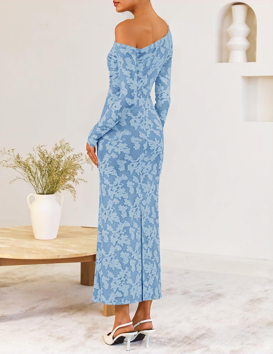 imageZESICA Womens Fall Floral Off Shoulder Bodycon Maxi Dresses 2025 Long Sleeve Ruched Elegant Cocktail Party DressDustyblue