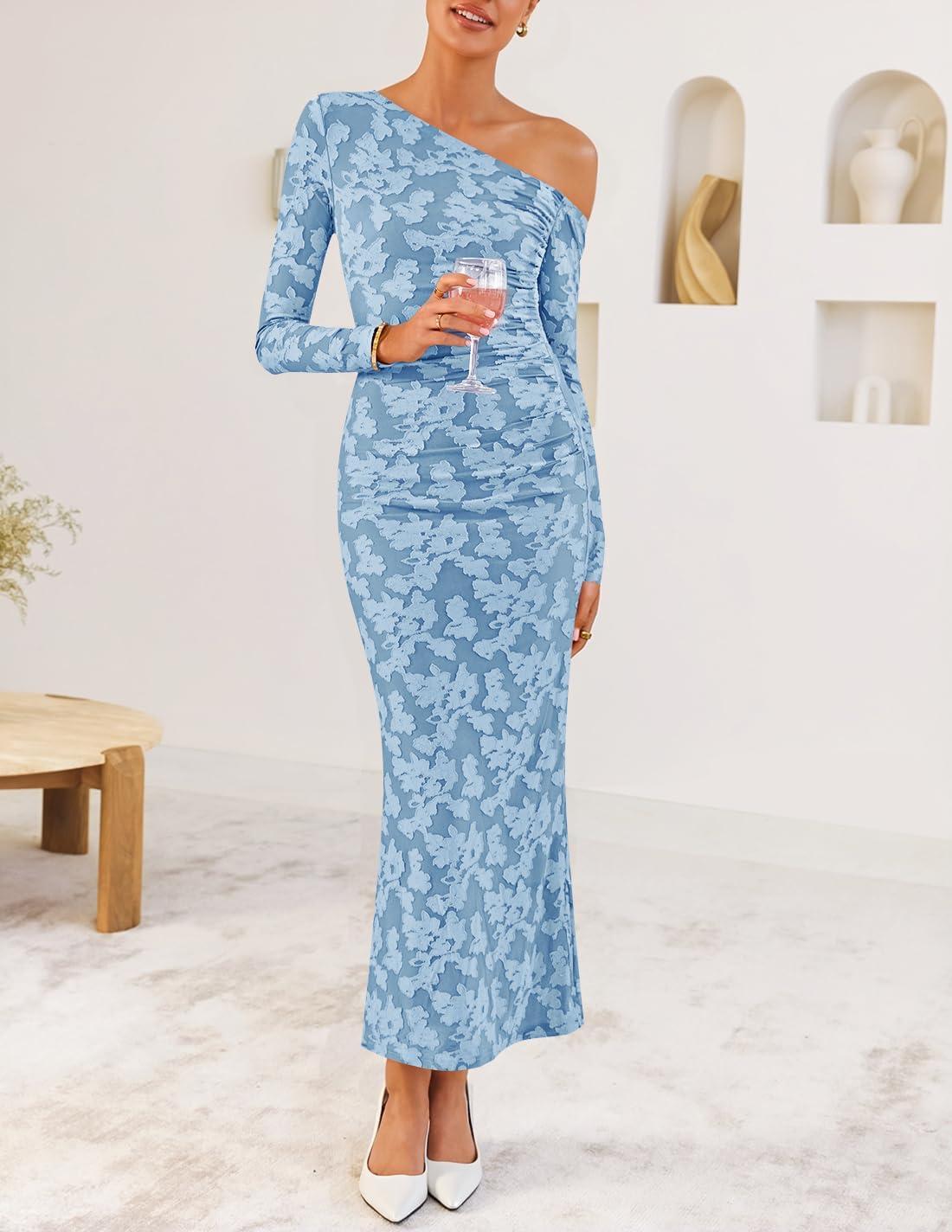imageZESICA Womens Fall Floral Off Shoulder Bodycon Maxi Dresses 2025 Long Sleeve Ruched Elegant Cocktail Party DressDustyblue