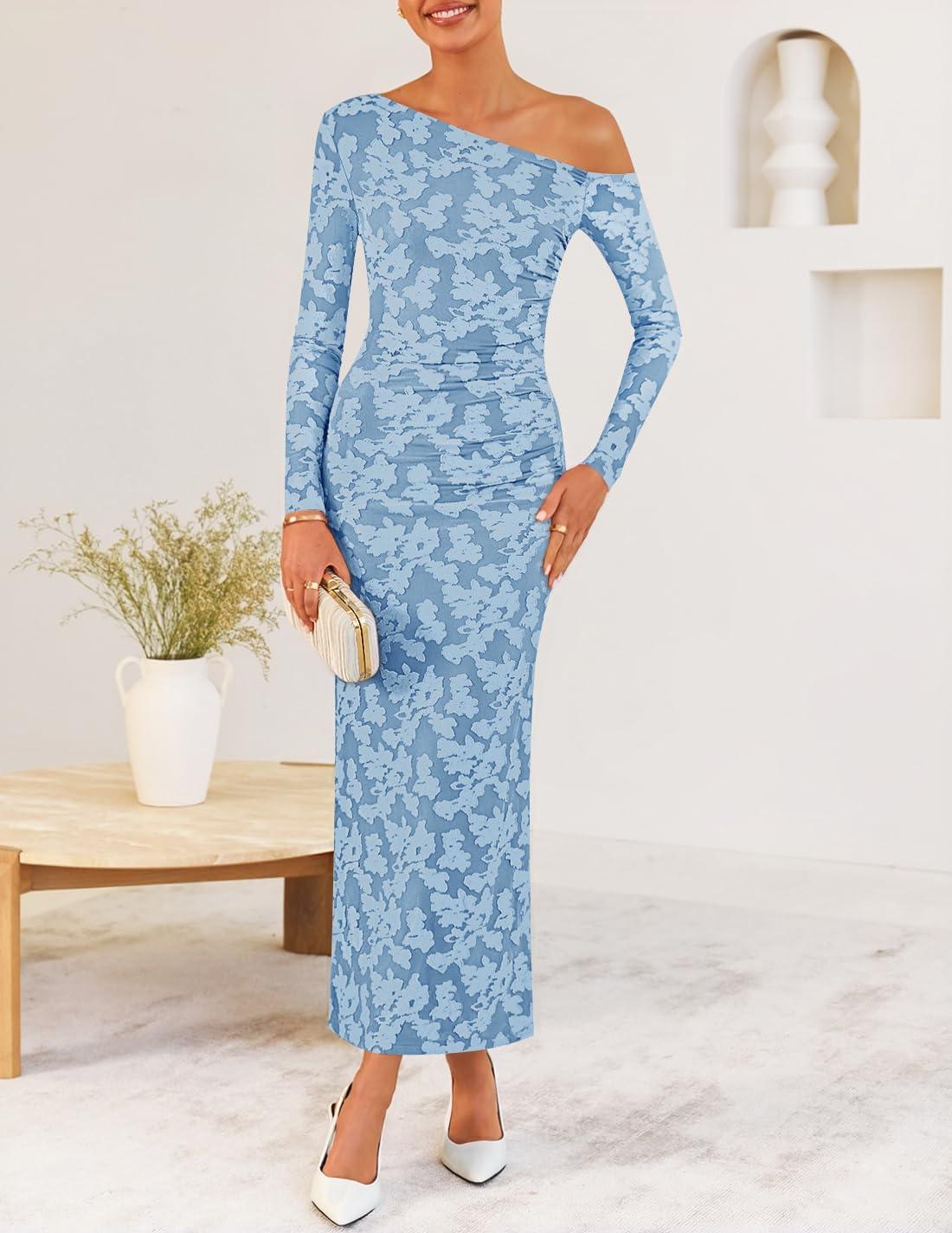 imageZESICA Womens Fall Floral Off Shoulder Bodycon Maxi Dresses 2025 Long Sleeve Ruched Elegant Cocktail Party DressDustyblue
