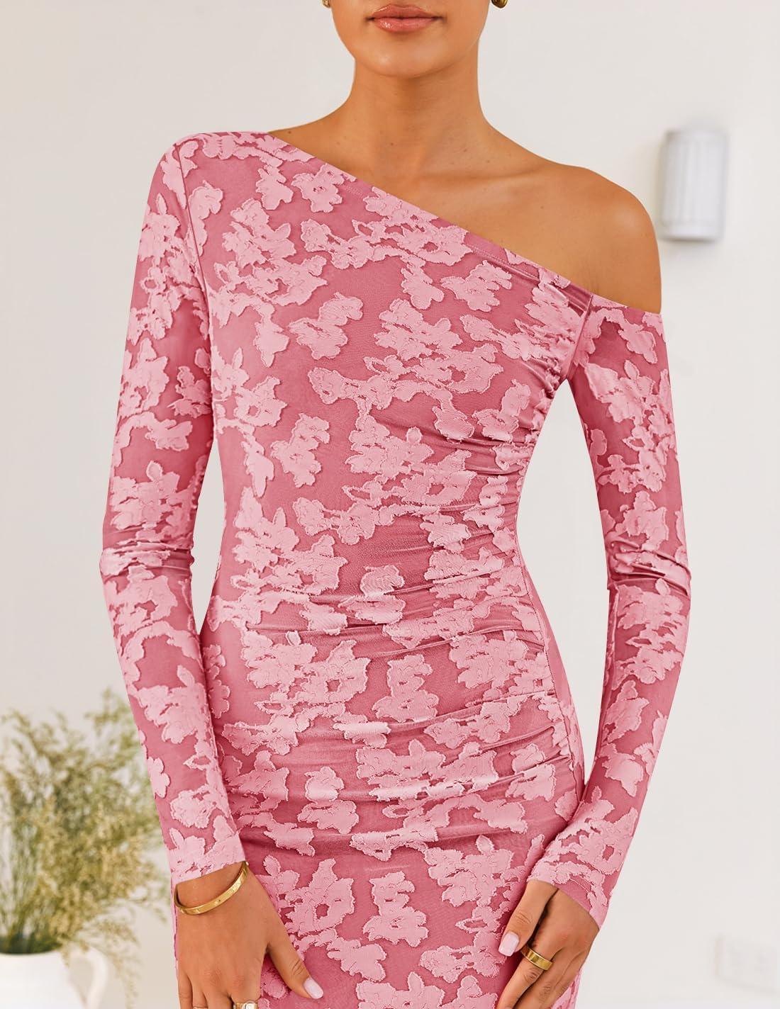 imageZESICA Womens Fall Floral Off Shoulder Bodycon Maxi Dresses 2025 Long Sleeve Ruched Elegant Cocktail Party DressPink