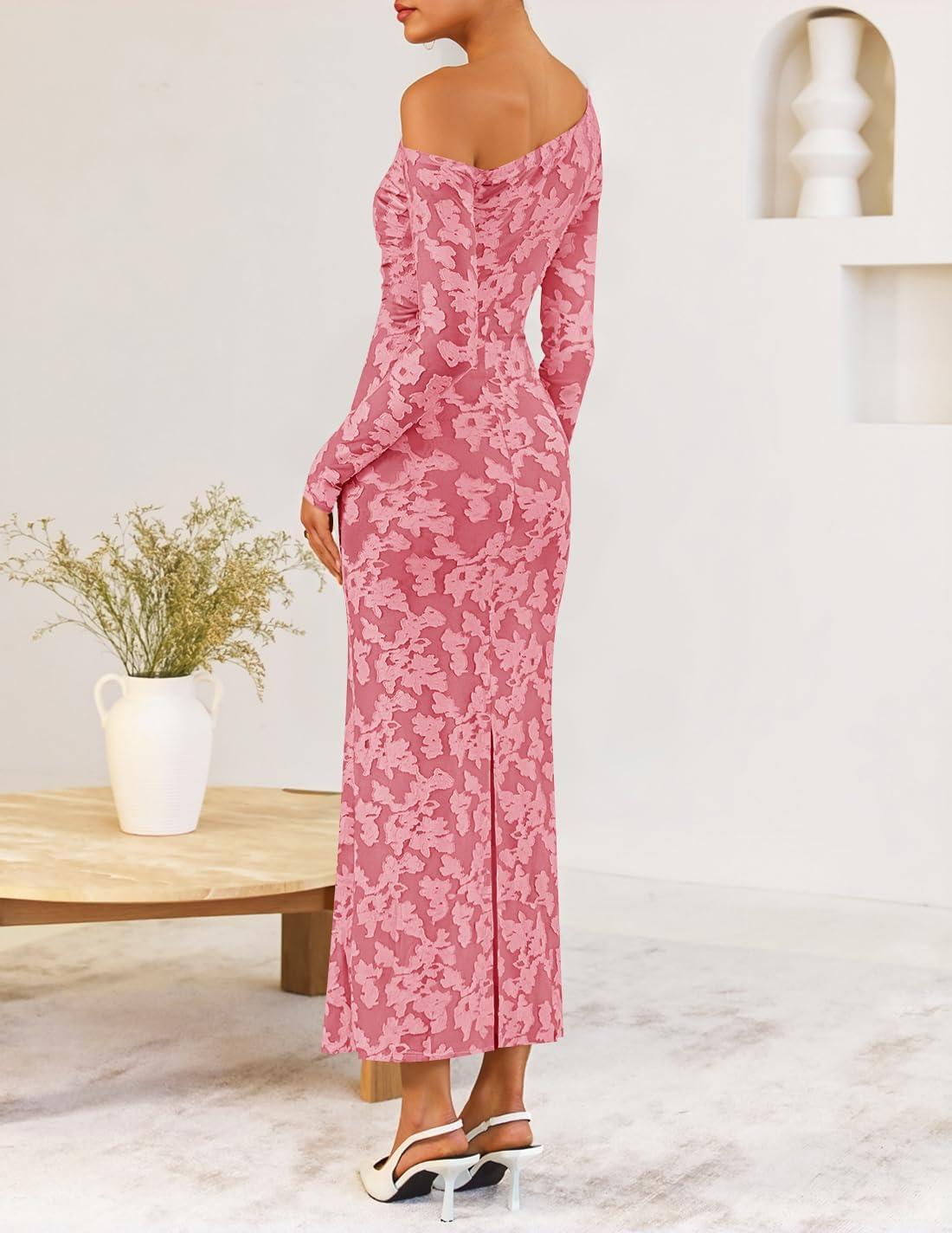 imageZESICA Womens Fall Floral Off Shoulder Bodycon Maxi Dresses 2025 Long Sleeve Ruched Elegant Cocktail Party DressPink