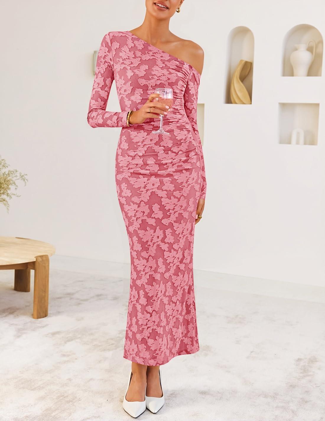 imageZESICA Womens Fall Floral Off Shoulder Bodycon Maxi Dresses 2025 Long Sleeve Ruched Elegant Cocktail Party DressPink