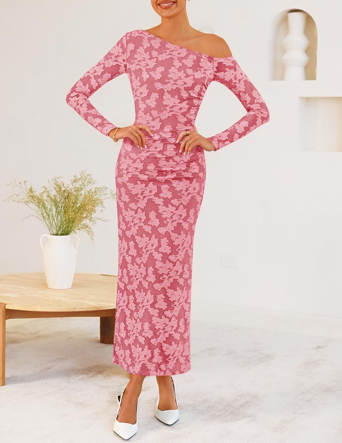 imageZESICA Womens Fall Floral Off Shoulder Bodycon Maxi Dresses 2025 Long Sleeve Ruched Elegant Cocktail Party DressPink