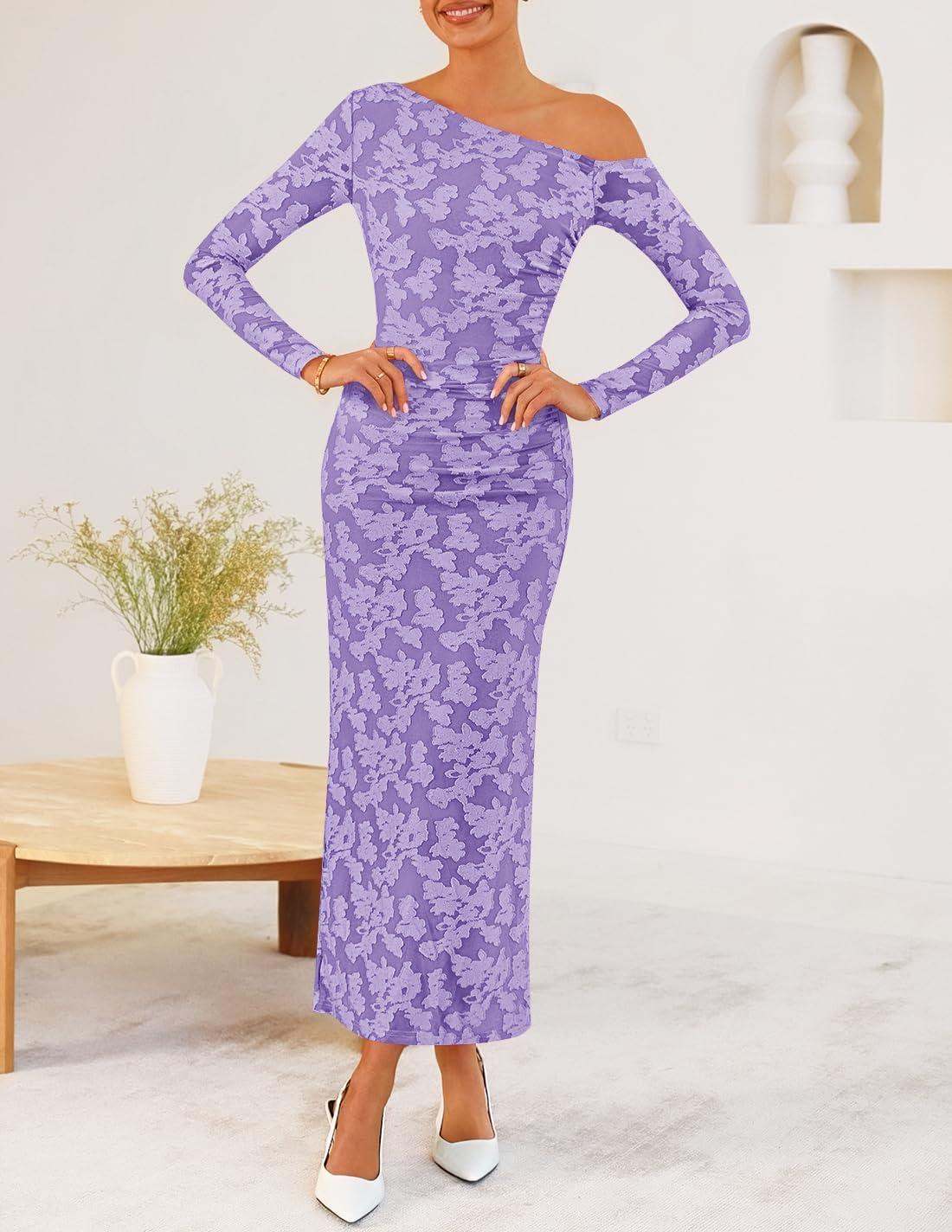 imageZESICA Womens Fall Floral Off Shoulder Bodycon Maxi Dresses 2025 Long Sleeve Ruched Elegant Cocktail Party DressPurple