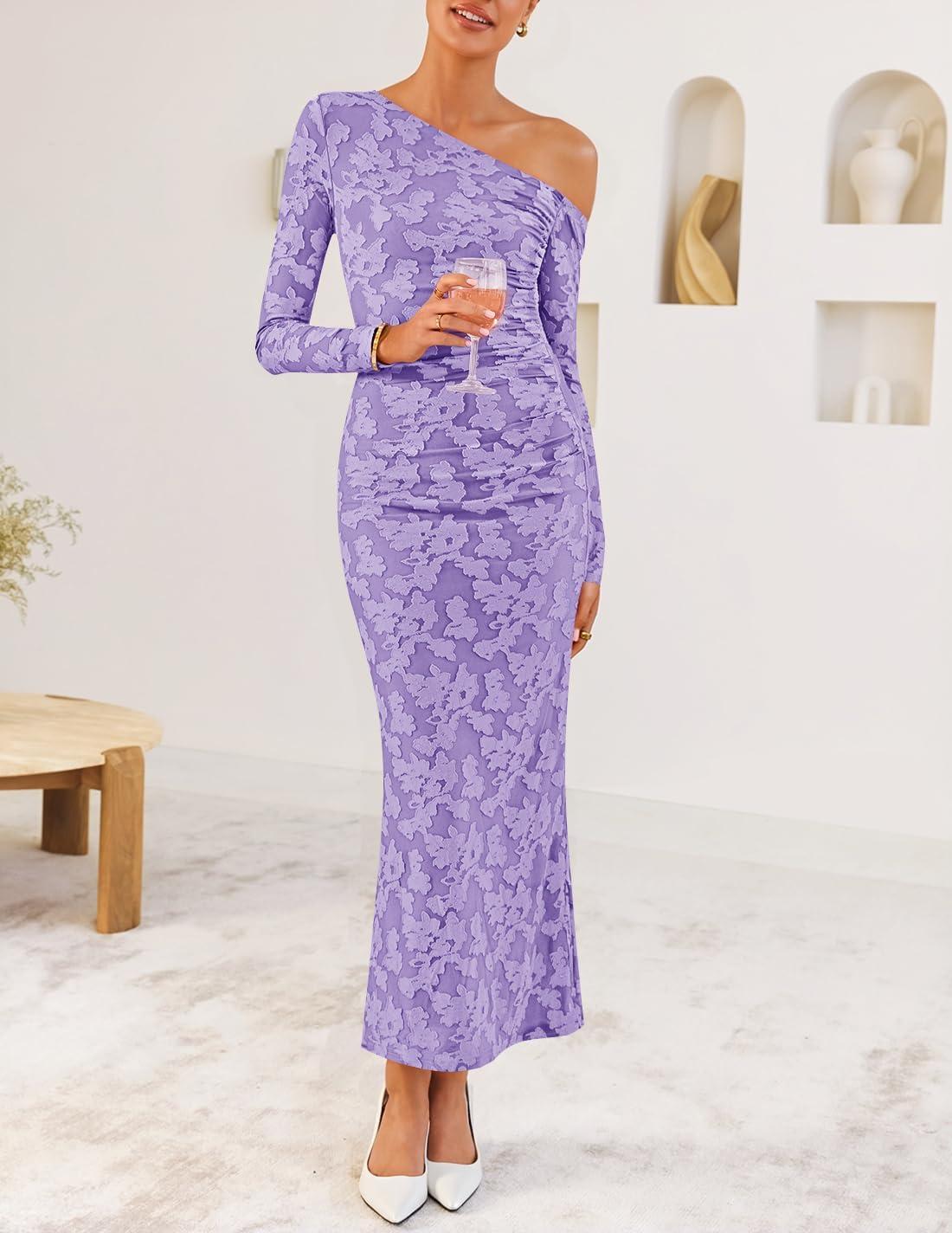 imageZESICA Womens Fall Floral Off Shoulder Bodycon Maxi Dresses 2025 Long Sleeve Ruched Elegant Cocktail Party DressPurple