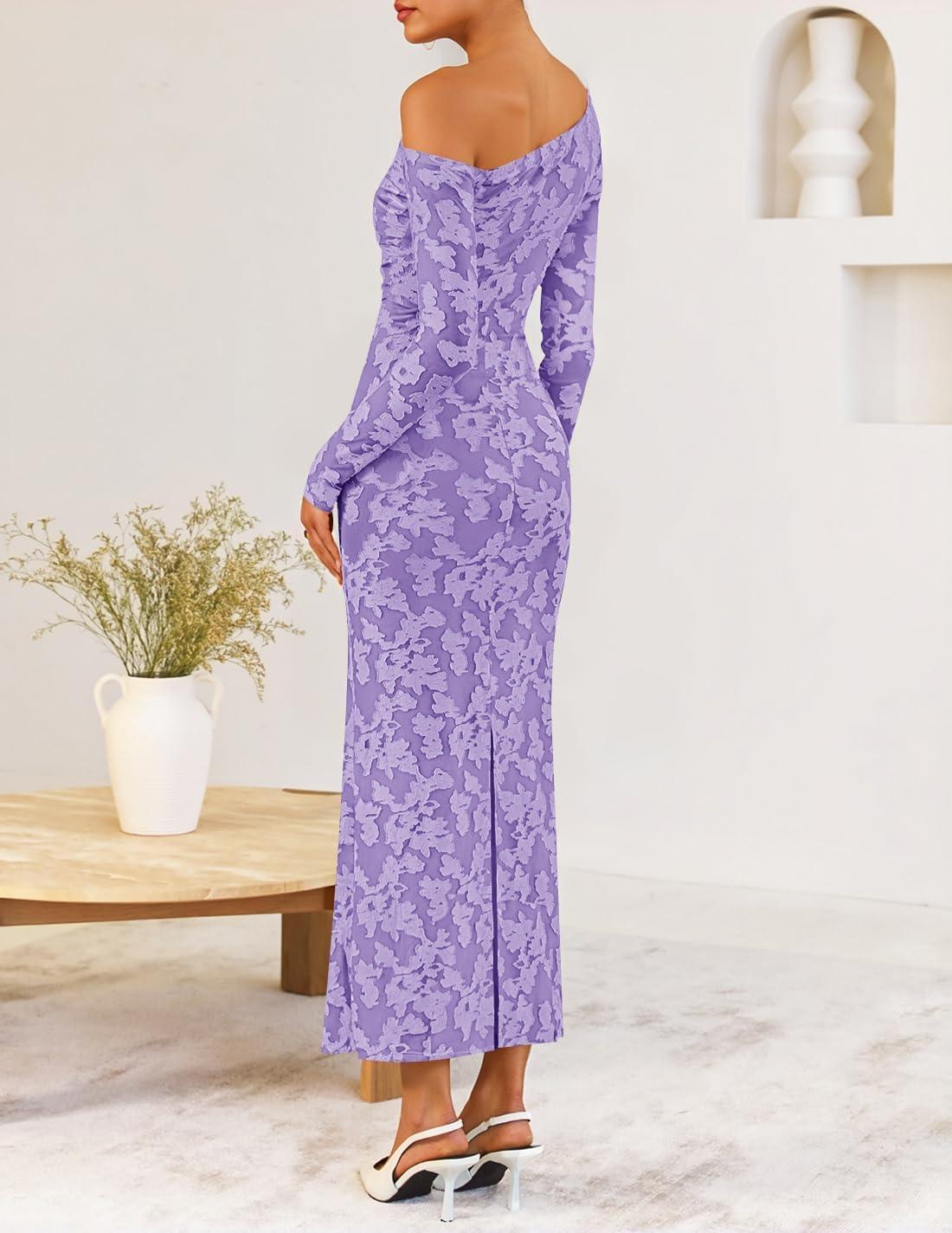 imageZESICA Womens Fall Floral Off Shoulder Bodycon Maxi Dresses 2025 Long Sleeve Ruched Elegant Cocktail Party DressPurple
