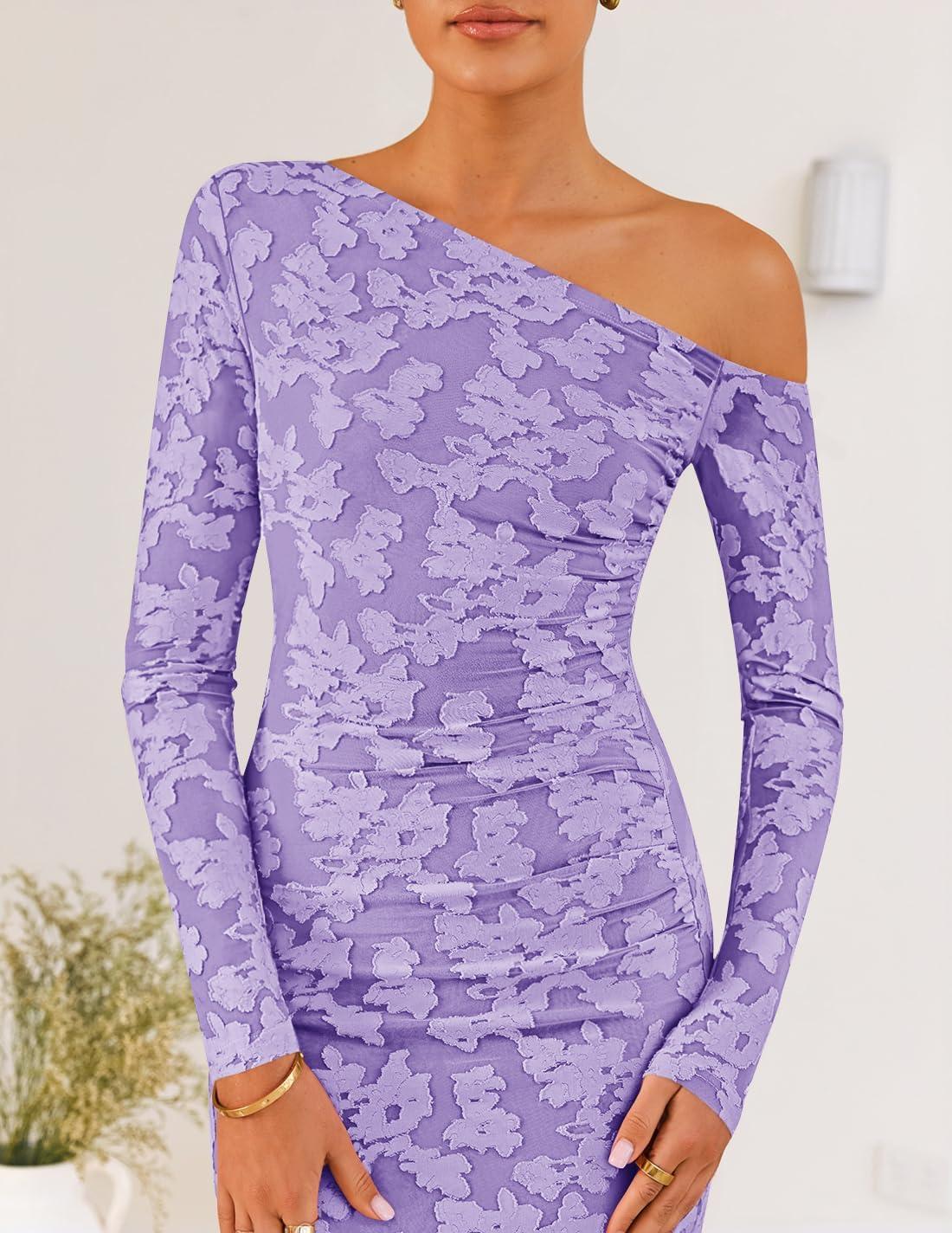 imageZESICA Womens Fall Floral Off Shoulder Bodycon Maxi Dresses 2025 Long Sleeve Ruched Elegant Cocktail Party DressPurple