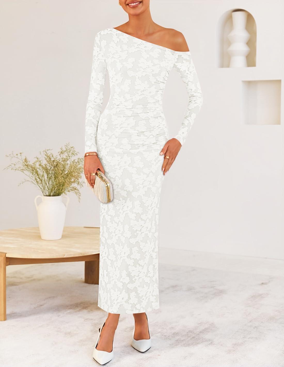 imageZESICA Womens Fall Floral Off Shoulder Bodycon Maxi Dresses 2025 Long Sleeve Ruched Elegant Cocktail Party DressWhite
